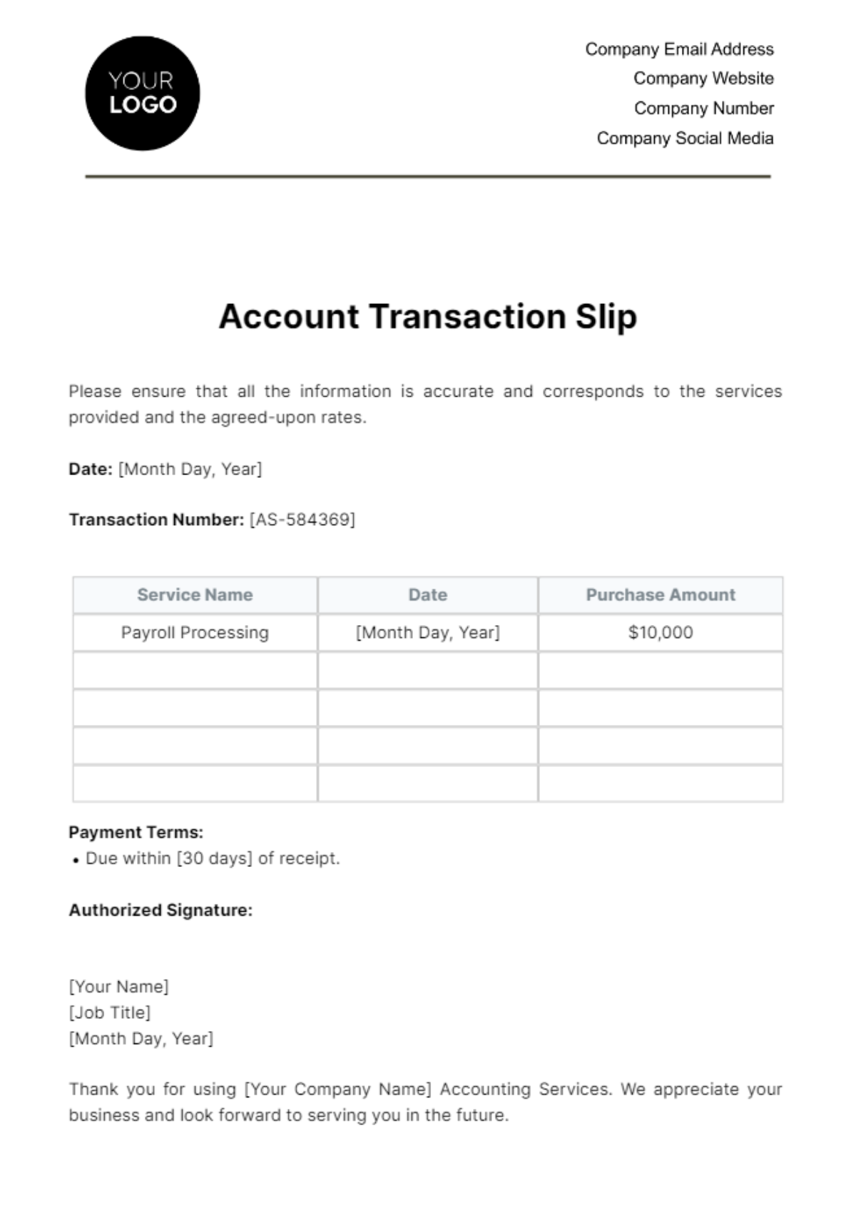 Account Transaction Slip Template