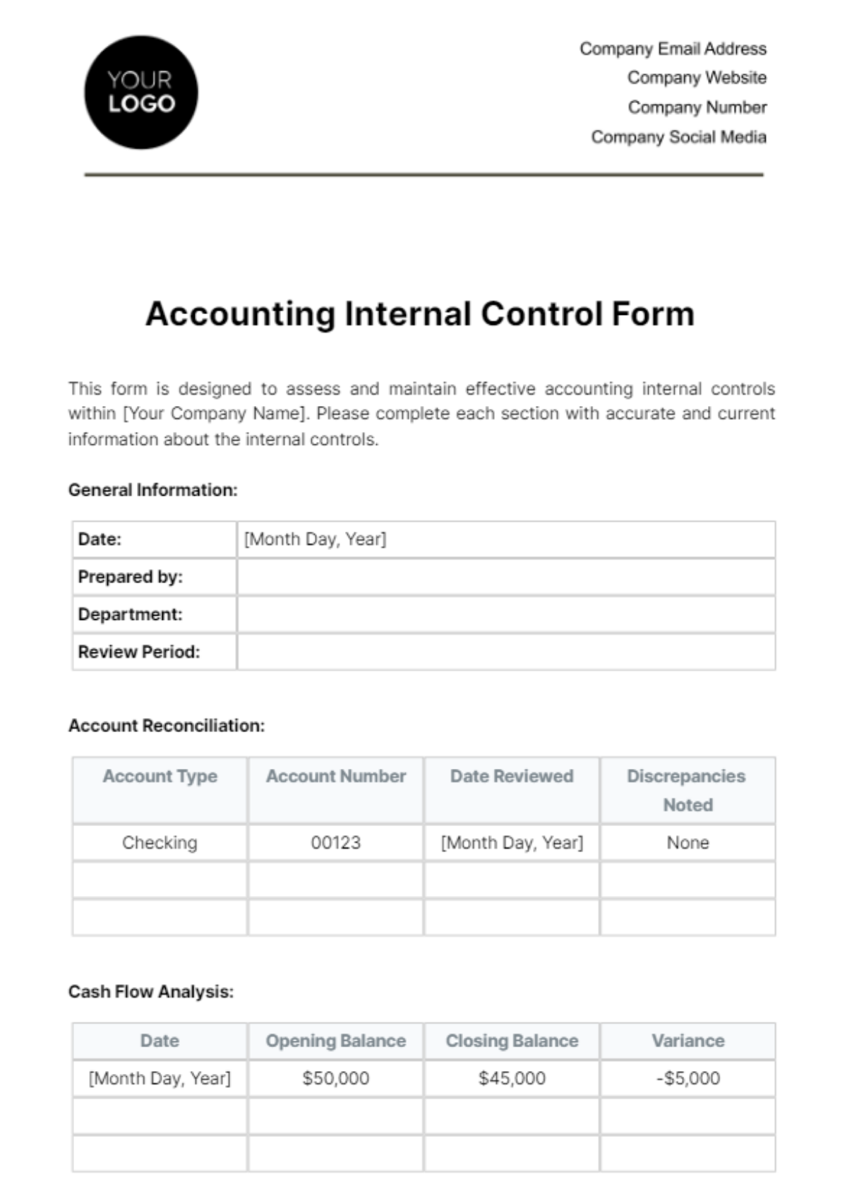 Accounting Internal Control Form Template