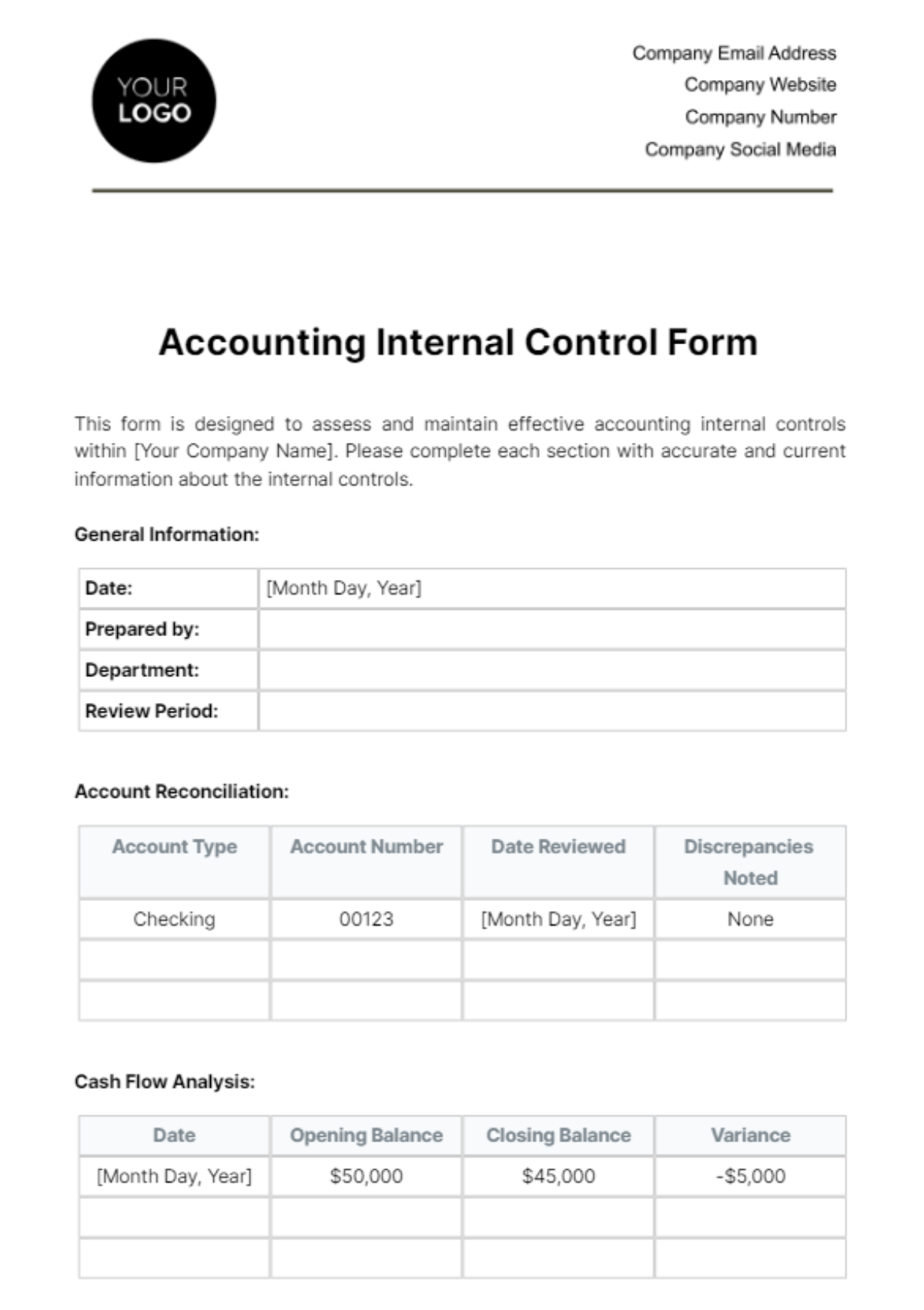 Accounting Internal Control Form Template - Edit Online & Download