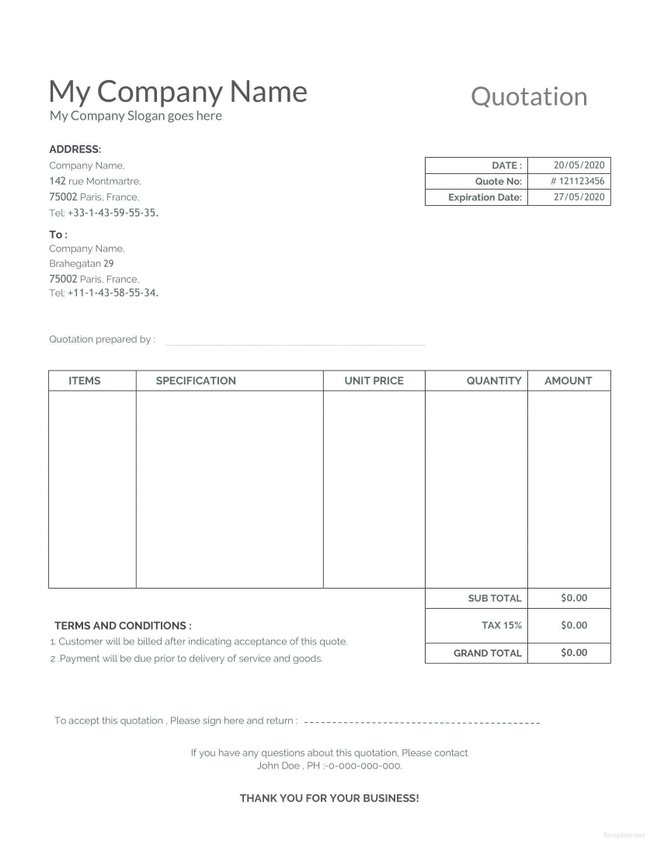 Sample Quotation Template in Microsoft Word, Excel, PDF | Template.net