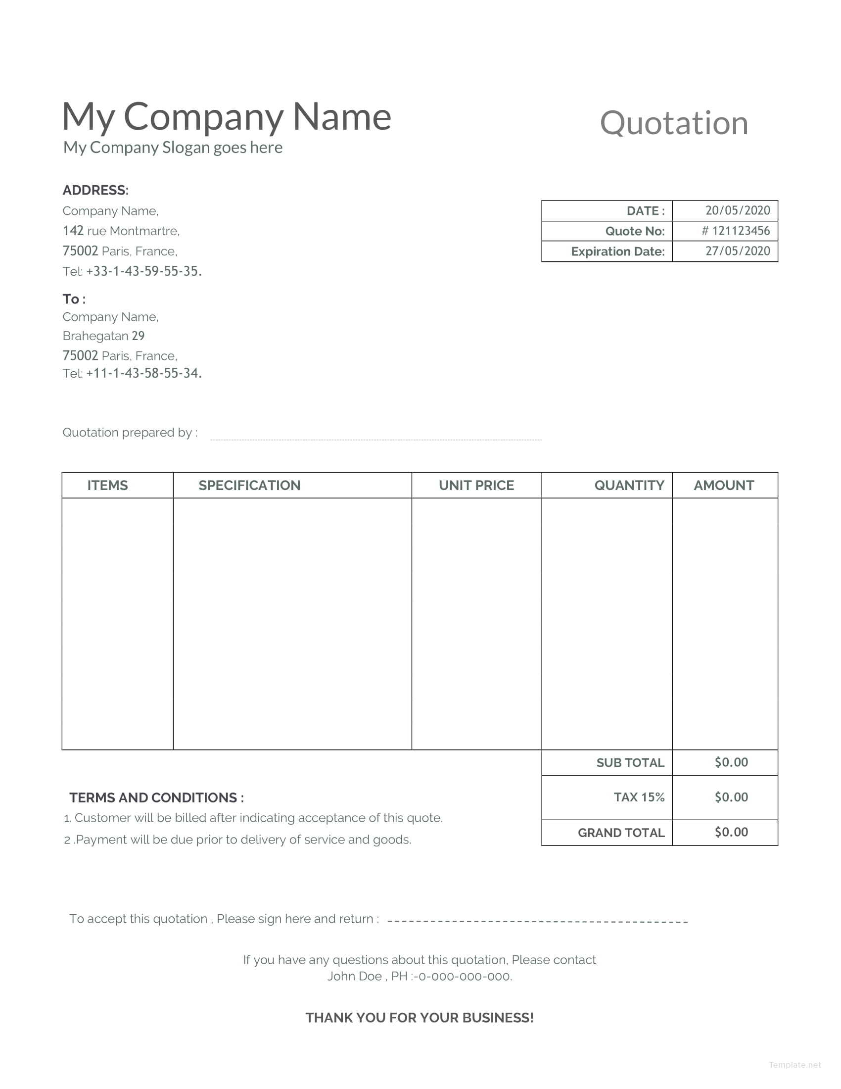 Sample Quotation Template in Microsoft Word, Excel | Template.net