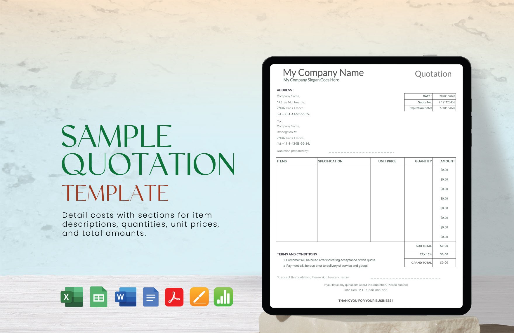 Sample Quotation Template in Google Docs, Google Sheets, PDF, Excel, Word, Apple Pages, Apple Numbers - Download | Template.net