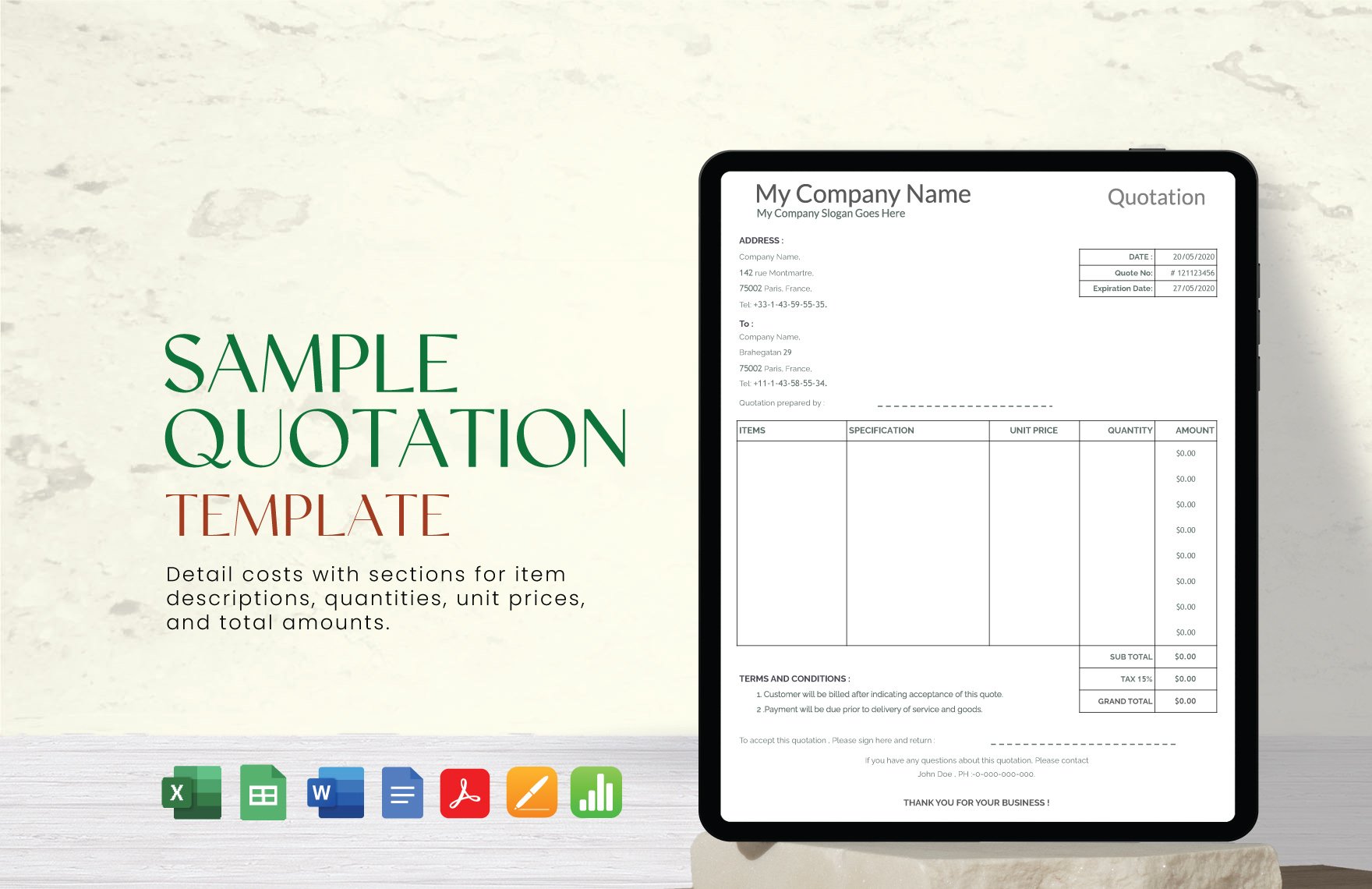 Sample Quotation Template in Word, Google Docs, Excel, PDF, Google Sheets, Apple Pages, Apple Numbers