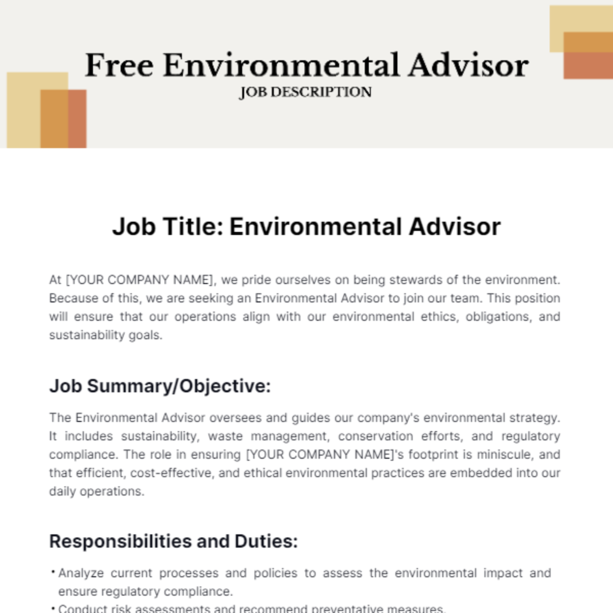 Environmental Advisor Job Description Template - Edit Online & Download