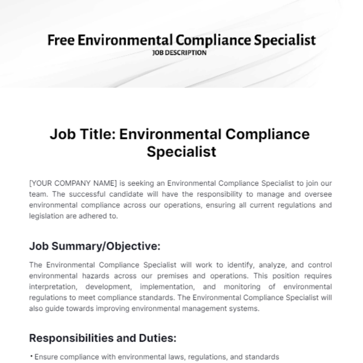 Environmental Compliance Specialist Job Description Template - Edit Online & Download