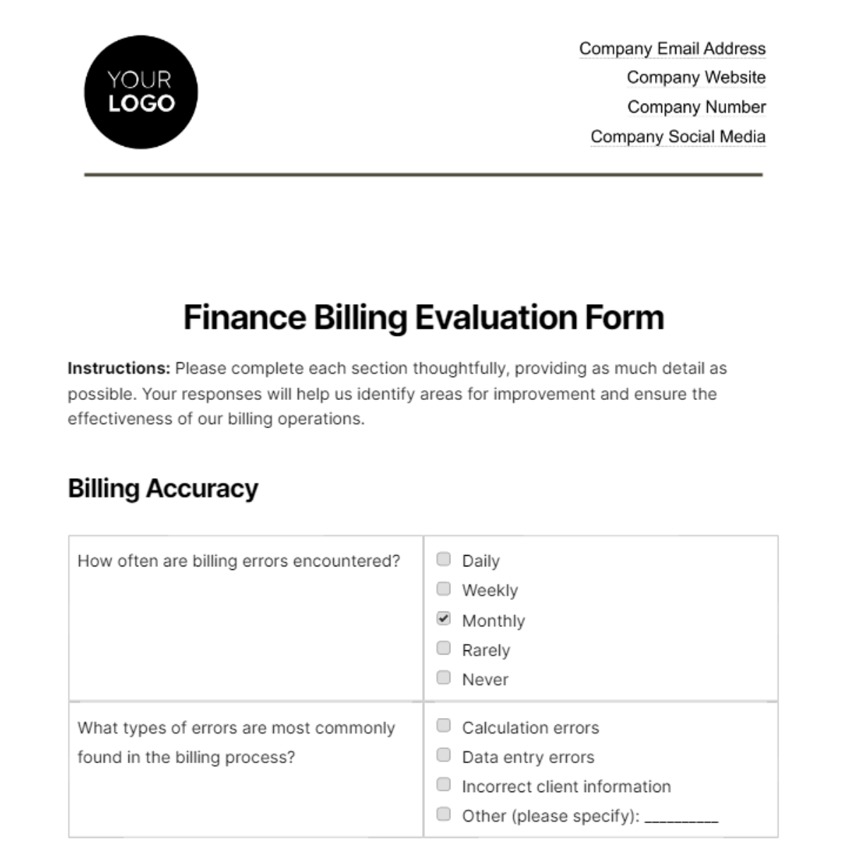 Finance Billing Evaluation Form Template