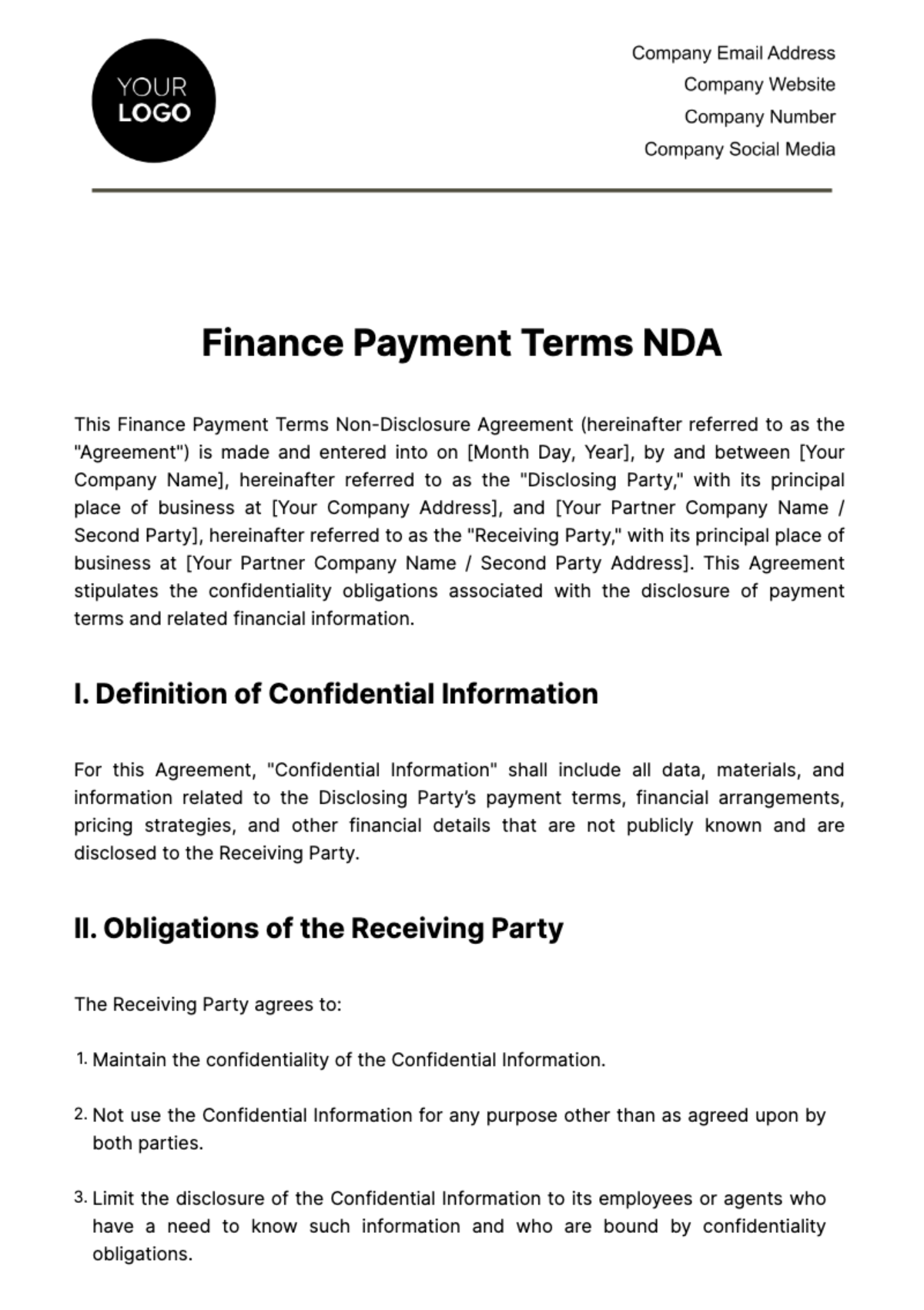 Finance Payment Terms NDA Template - Edit Online & Download