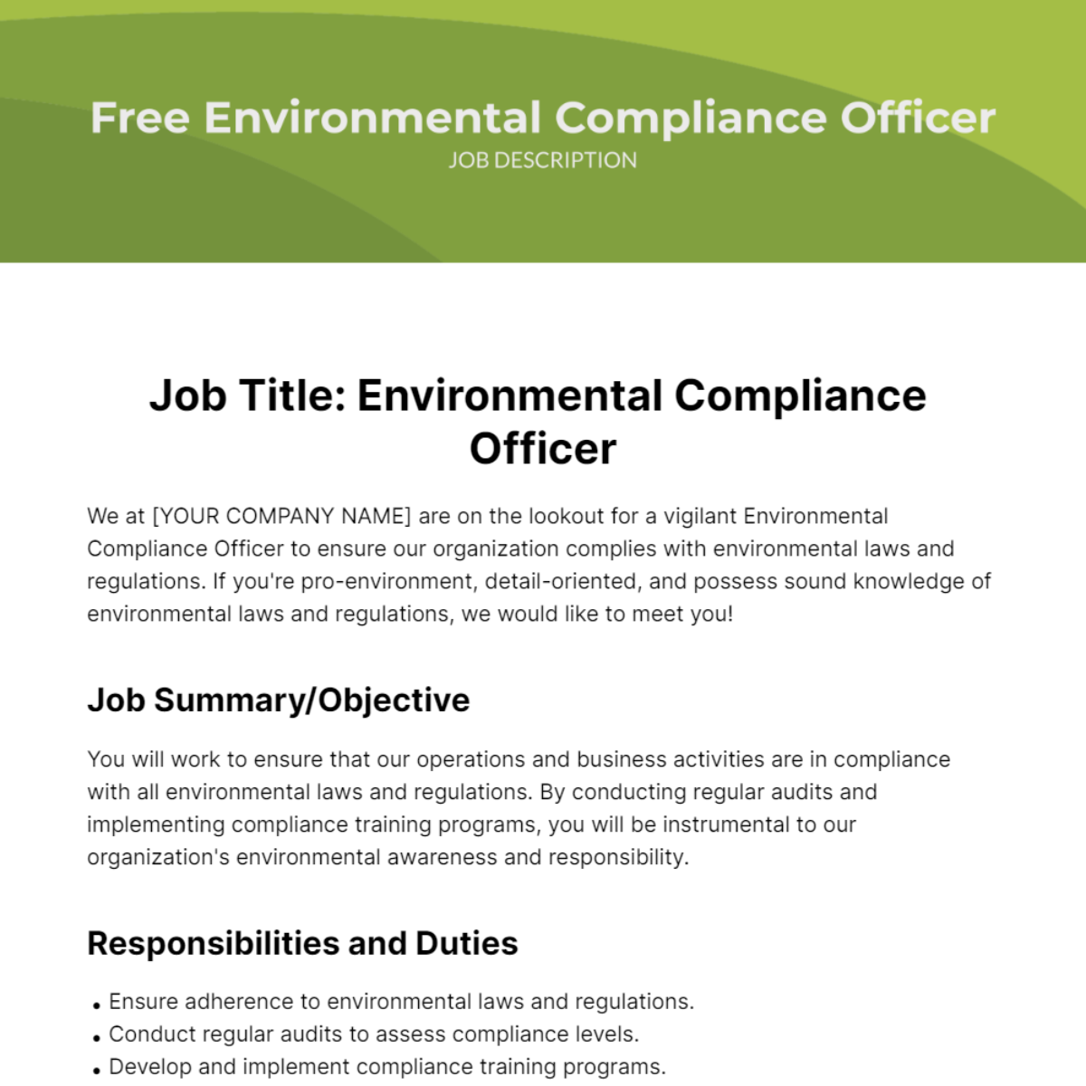 Environmental Compliance Officer Job Description Template - Edit Online & Download