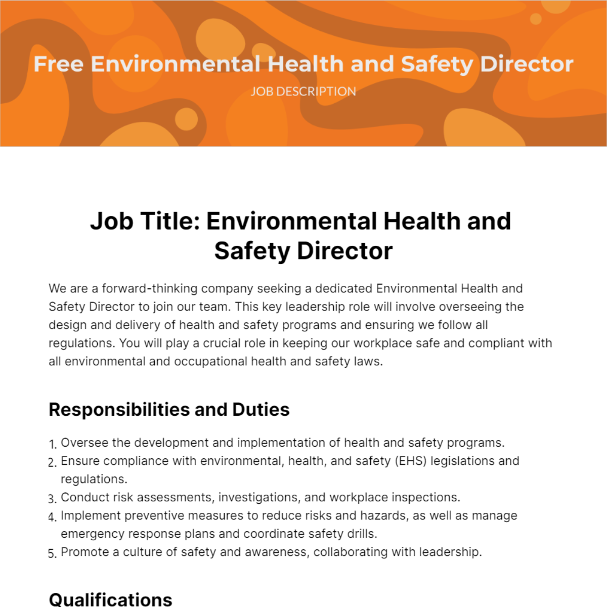 Environmental Health and Safety Director Job Description Template - Edit Online & Download