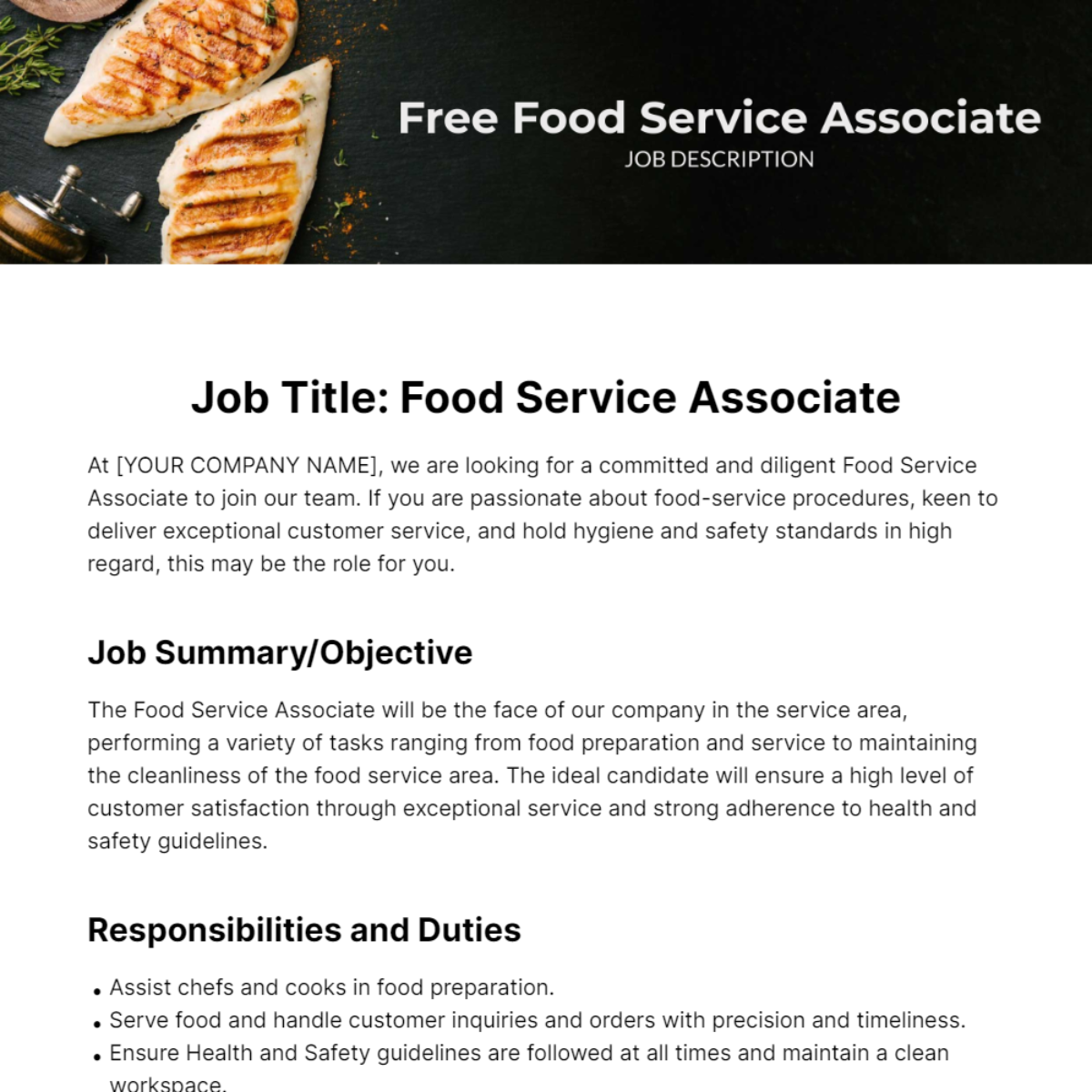 Food Service Associate Job Description Template - Edit Online & Download