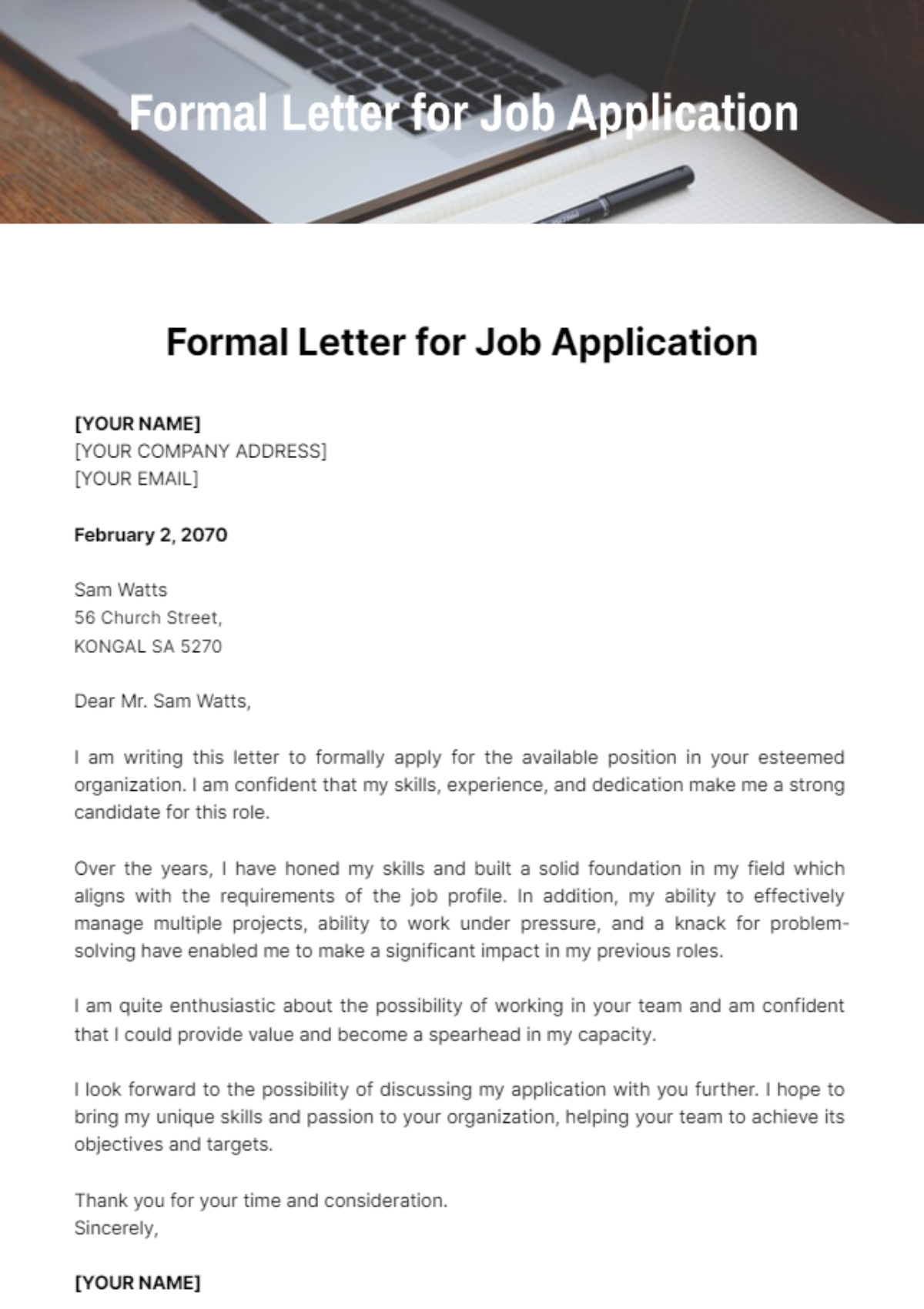 Free Formal Letter for Job Application Template