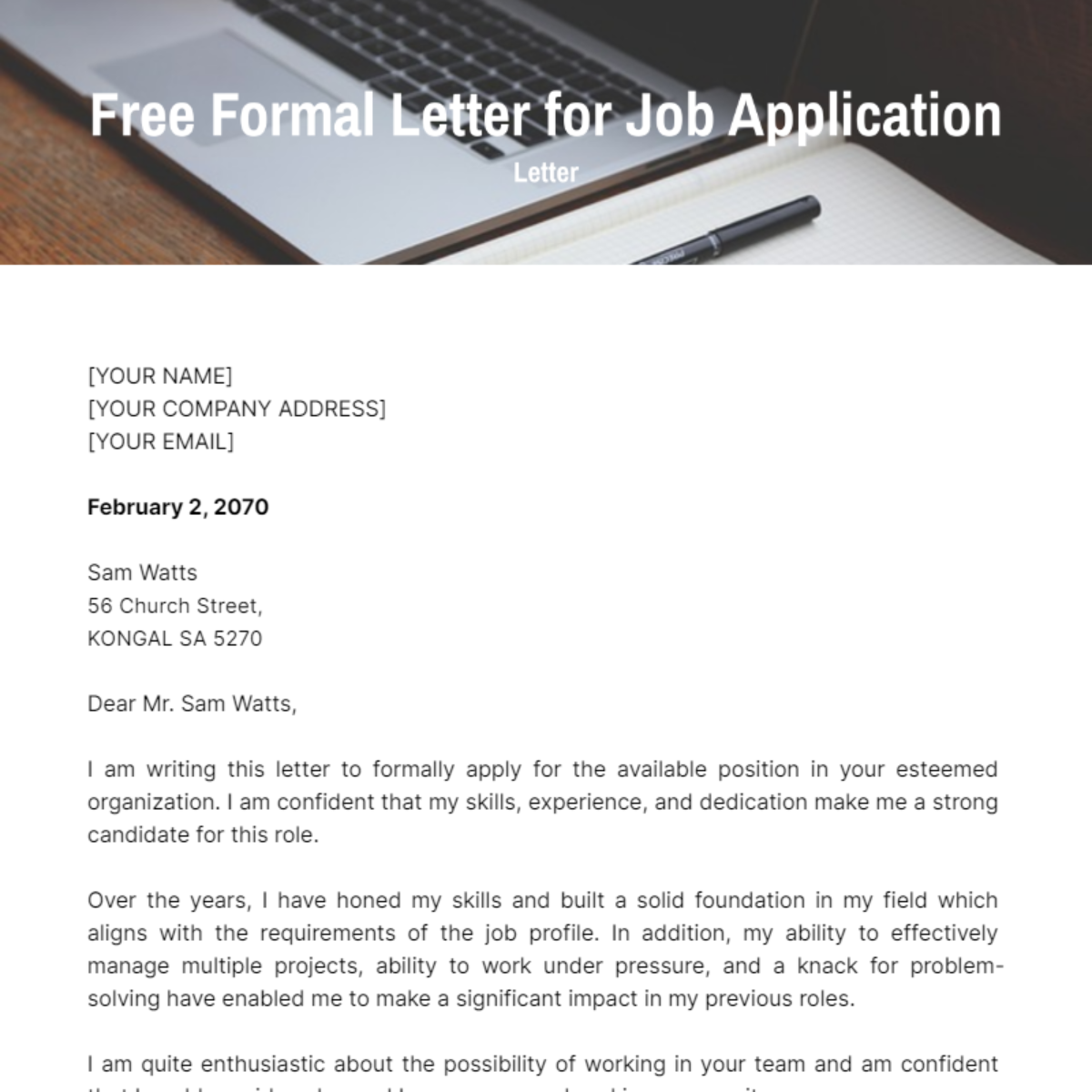 Formal Letter for Job Application Template