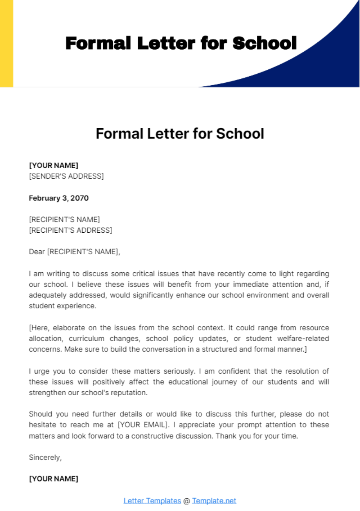 Free Formal Letter for School Template