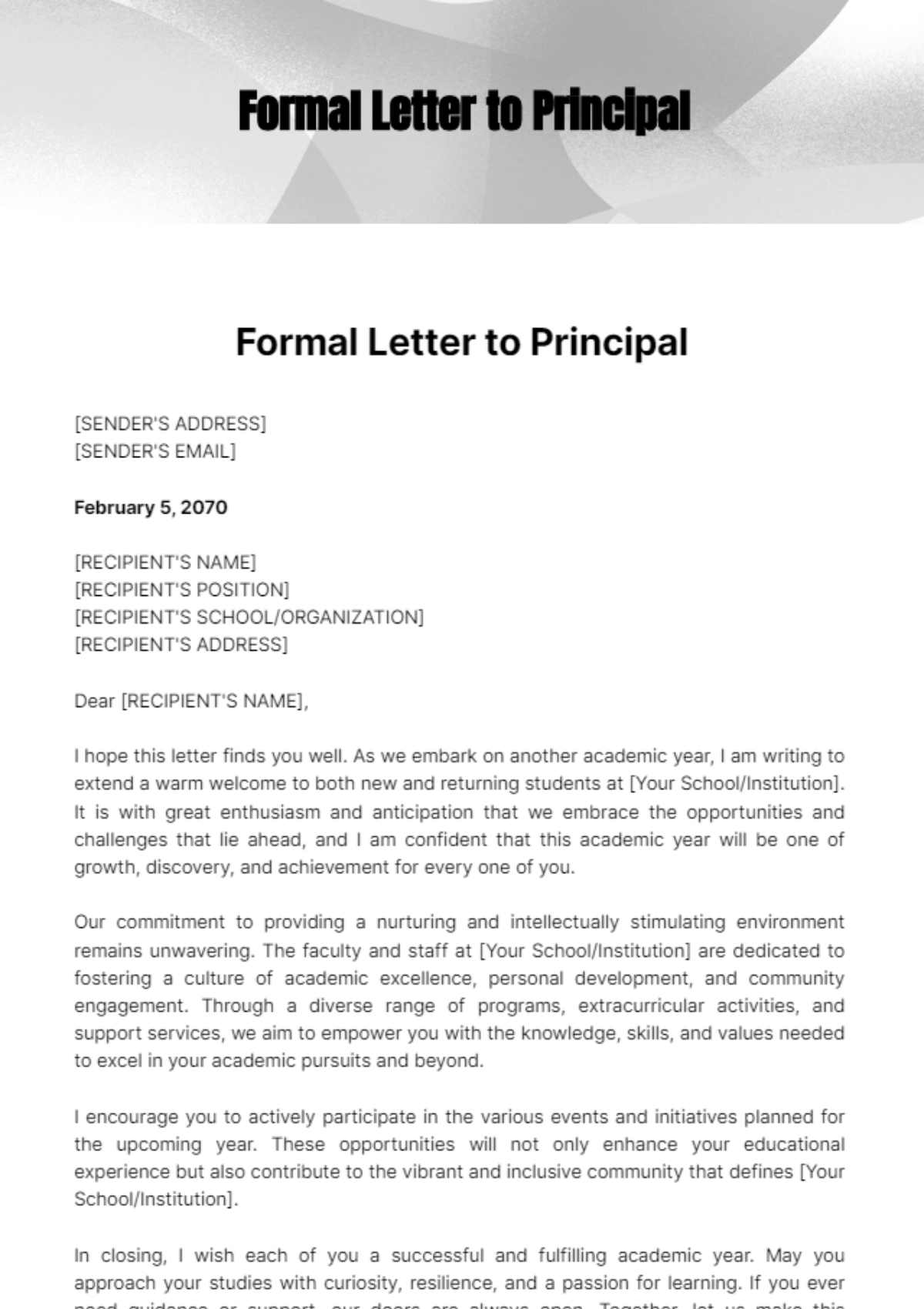 Free Formal Letter to Principal Template