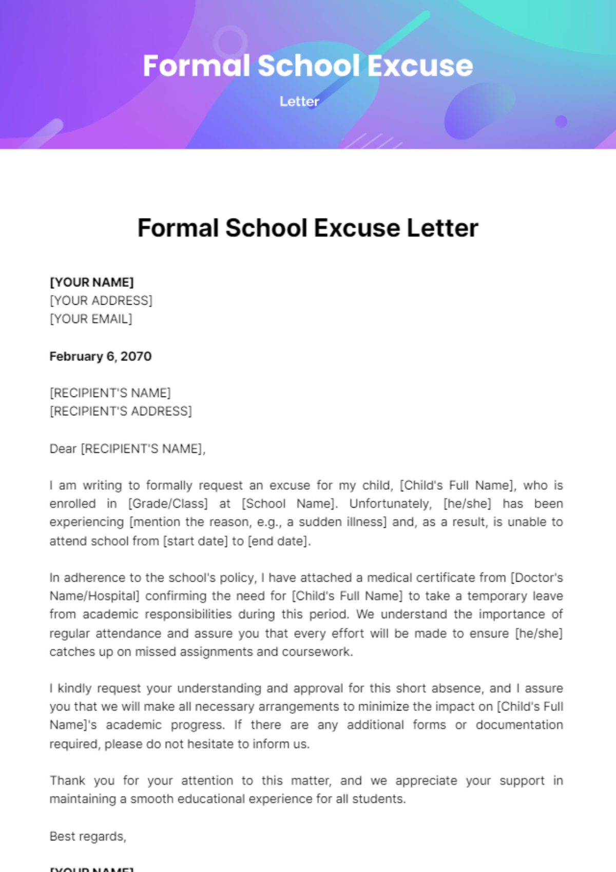 Free Formal School Excuse Letter Template