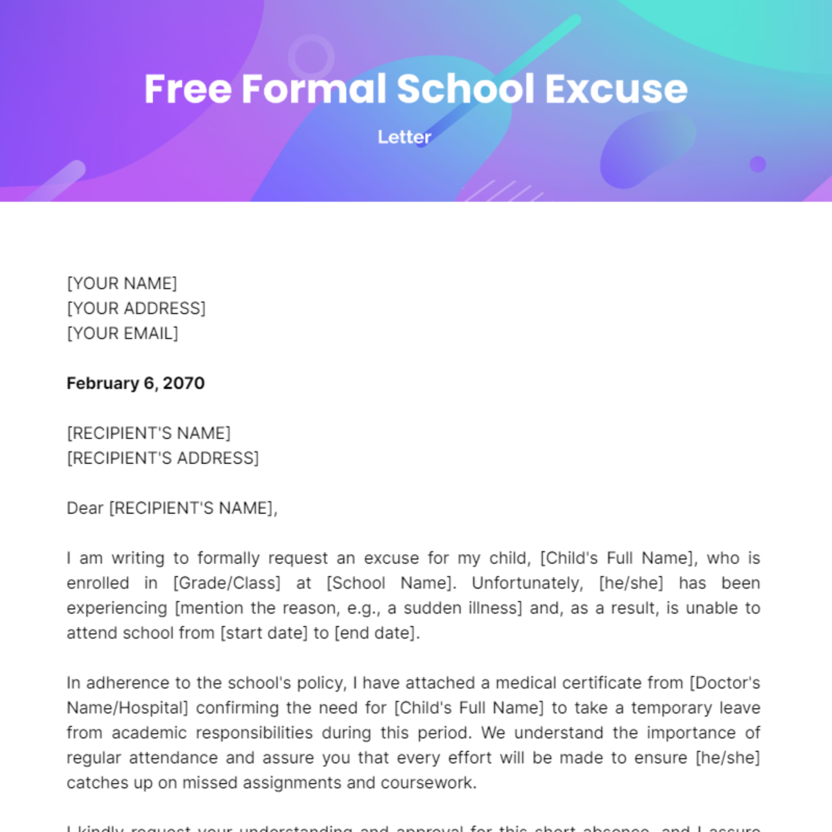 Formal School Excuse Letter Template