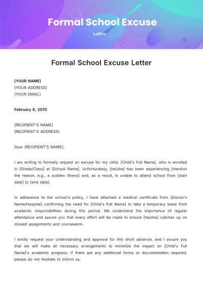 Free Formal School Excuse Letter Template to Edit Online
