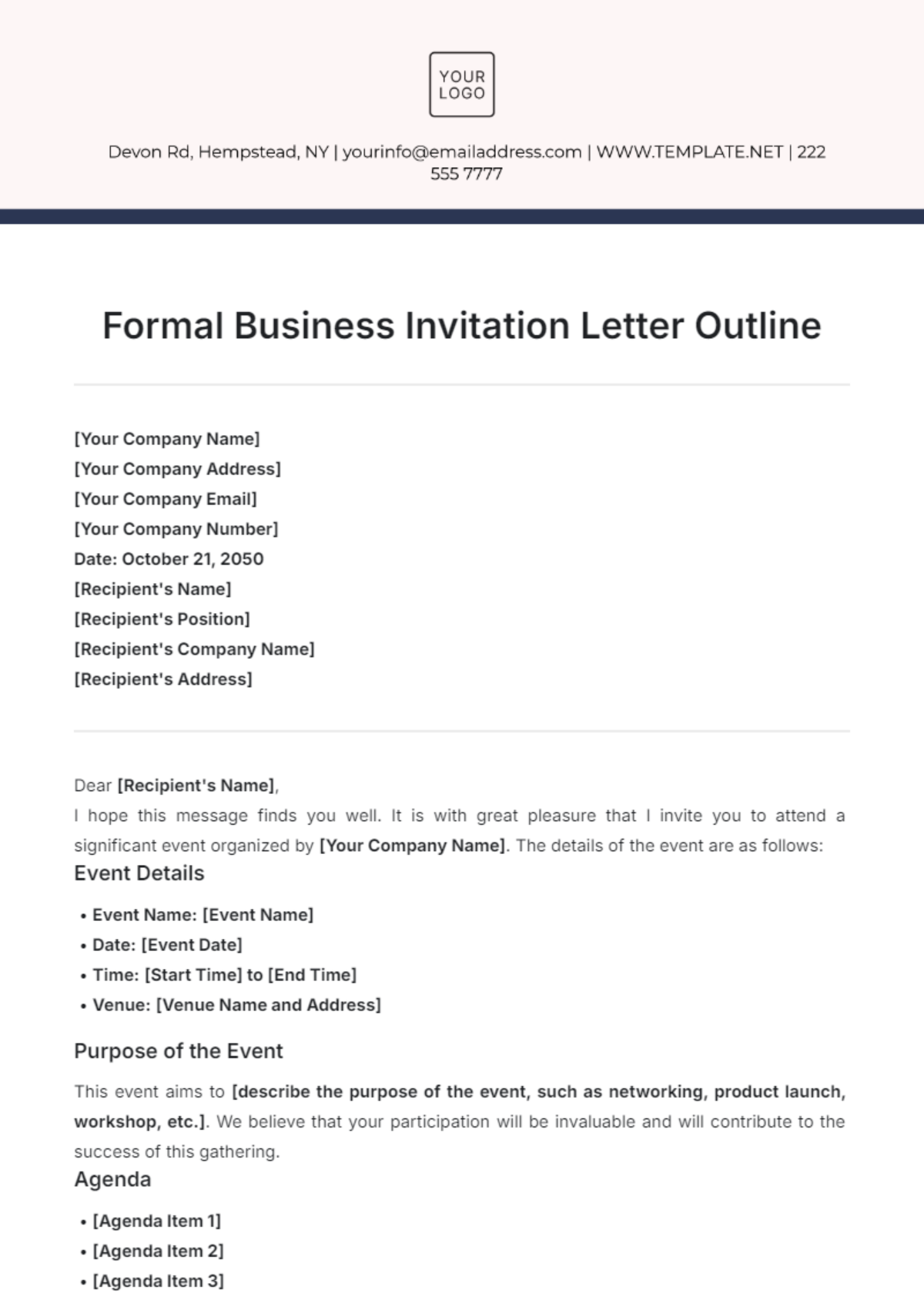 Formal Business Invitation Letter Outline Template