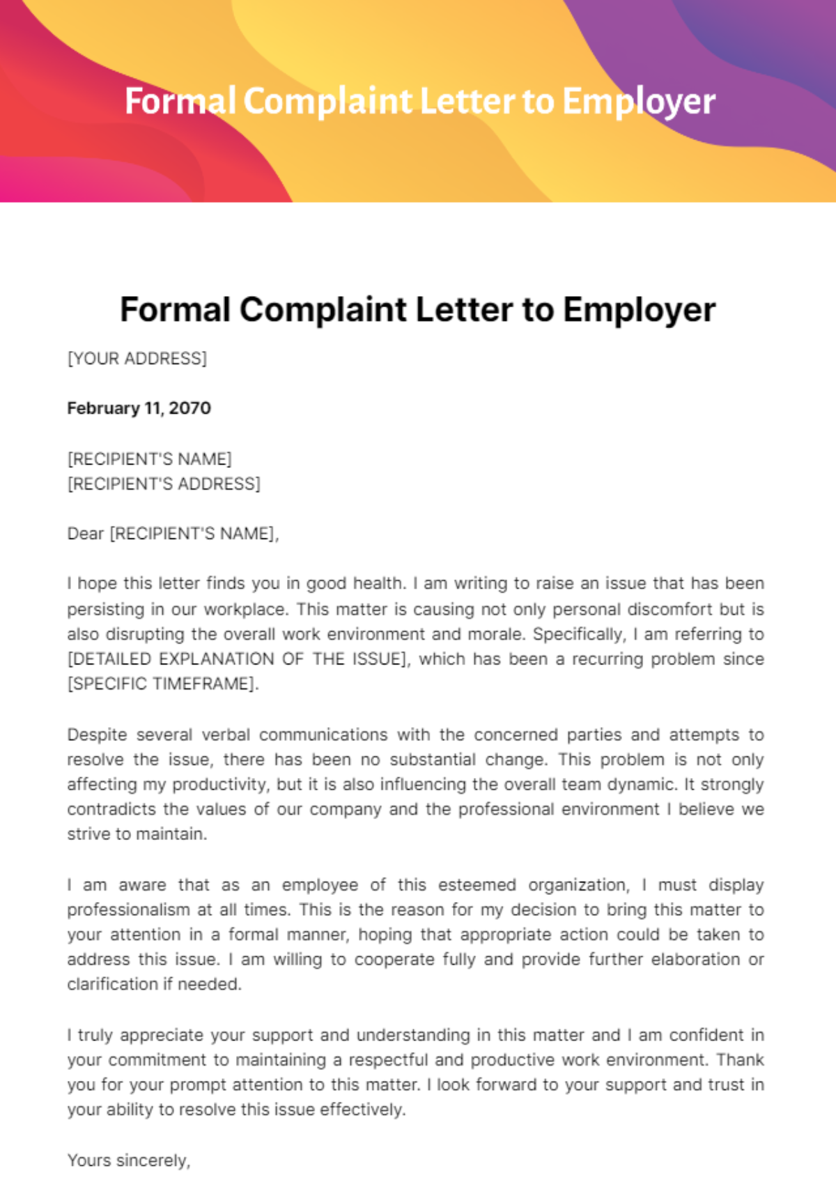 Free Formal Complaint Letter to Employer Template
