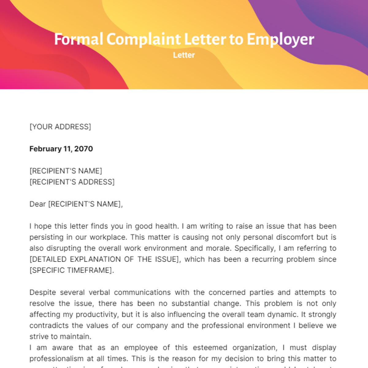 Formal Complaint Letter to Employer Template
