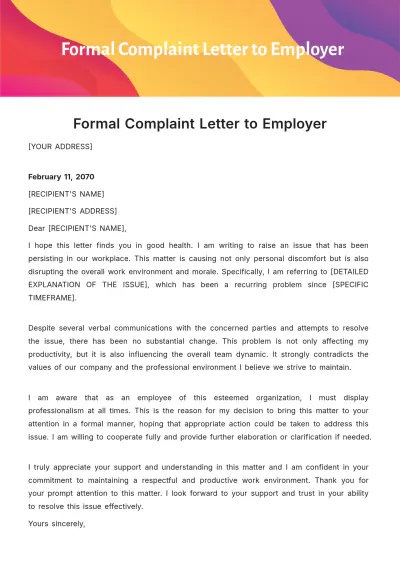 Free Formal Complaint Letter to Employer Template to Edit Online