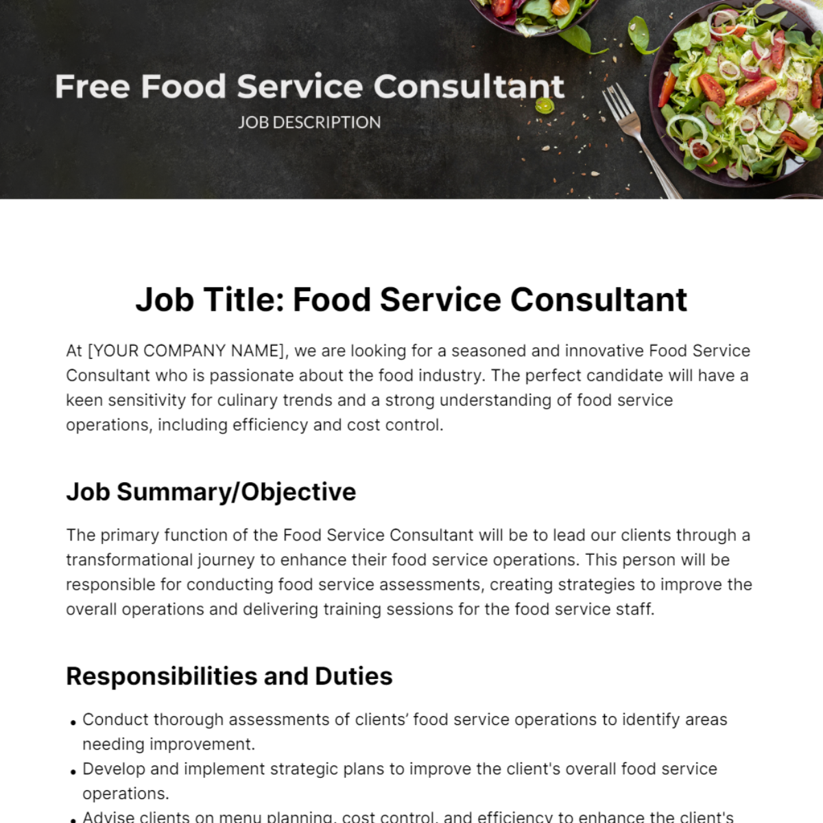 Food Service Consultant Job Description Template - Edit Online & Download