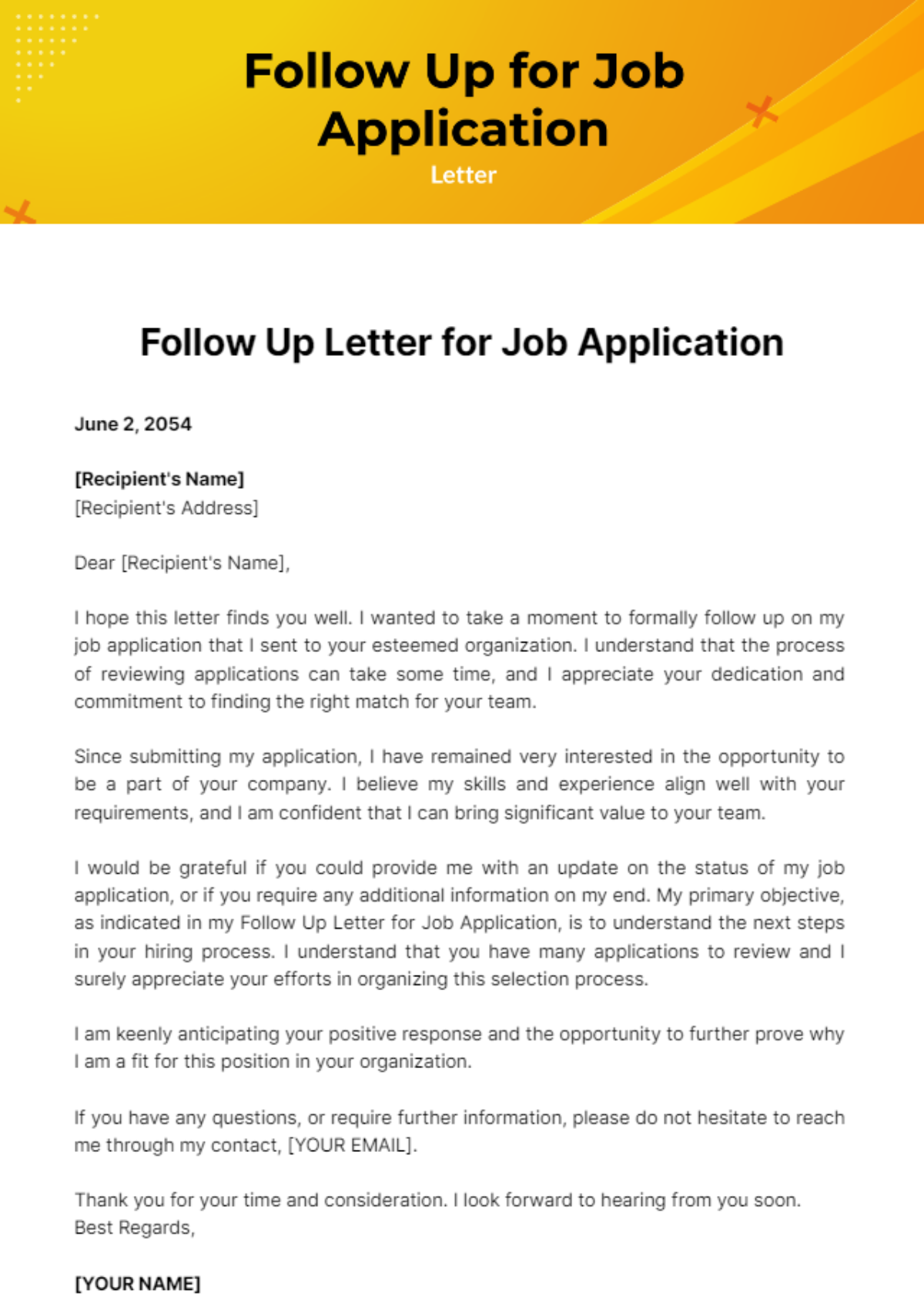 Free Follow Up Letter for Job Application Template
