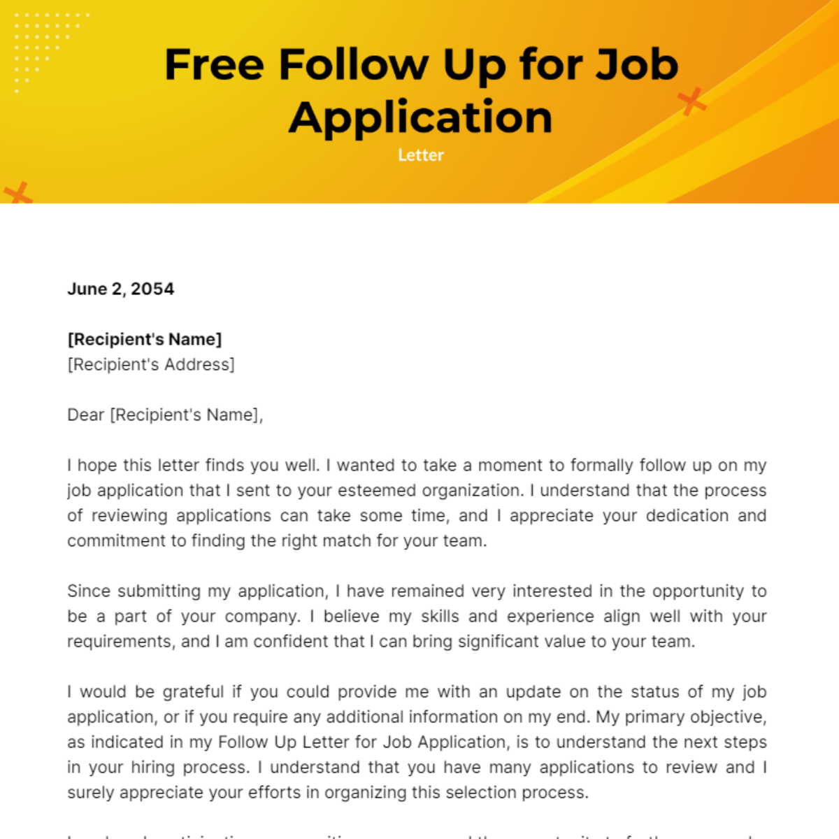 Follow Up Letter for Job Application Template