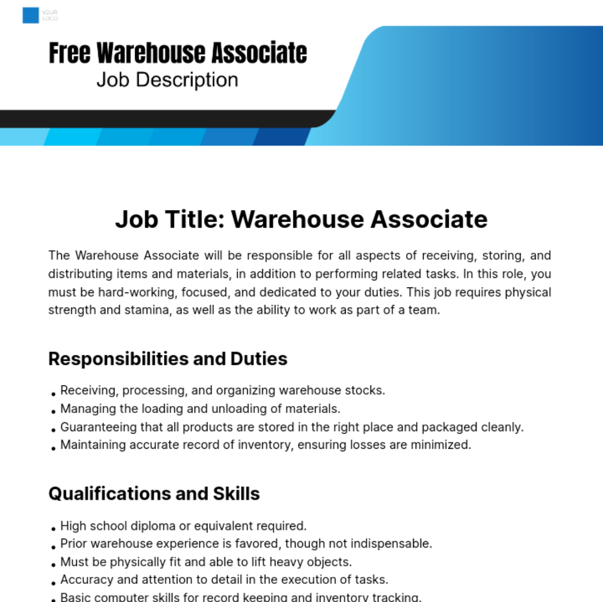 Warehouse Associate Job Description Template Edit Online Download 