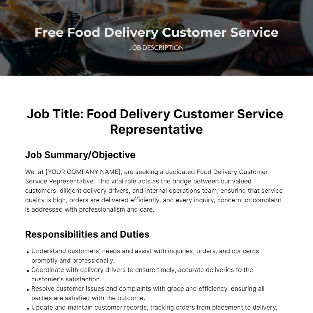 Food Delivery Customer Service Job Description Template - Edit Online & Download