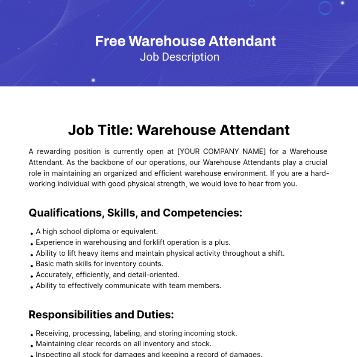 Warehouse Attendant Job Description Template - Edit Online & Download