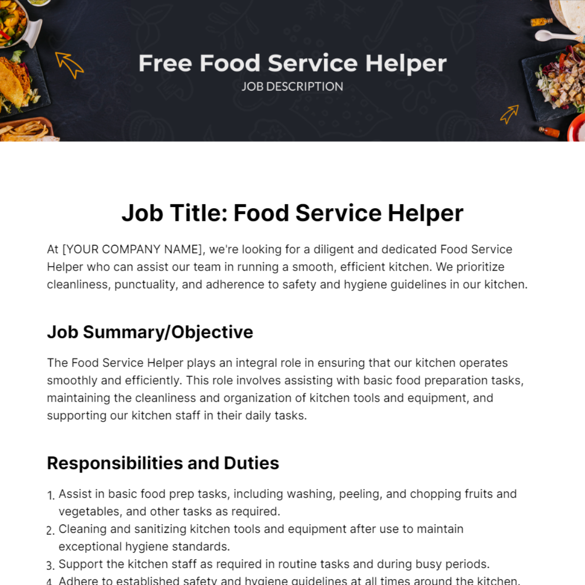 Food Service Helper Job Description Template - Edit Online & Download