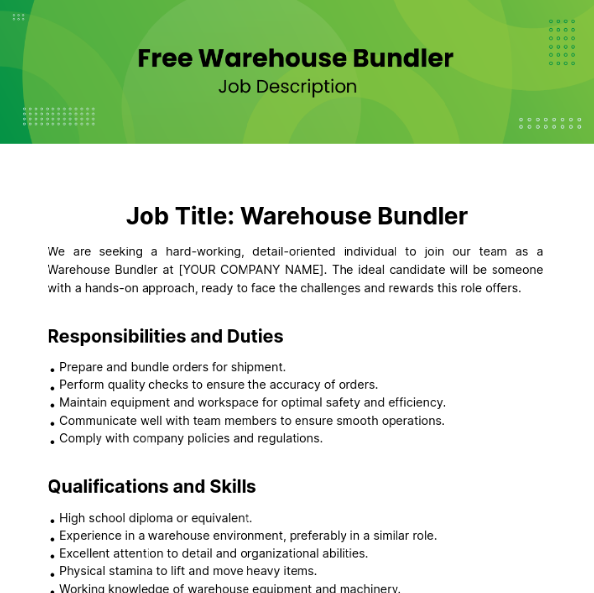 Warehouse Bundler Job Description Template - Edit Online & Download