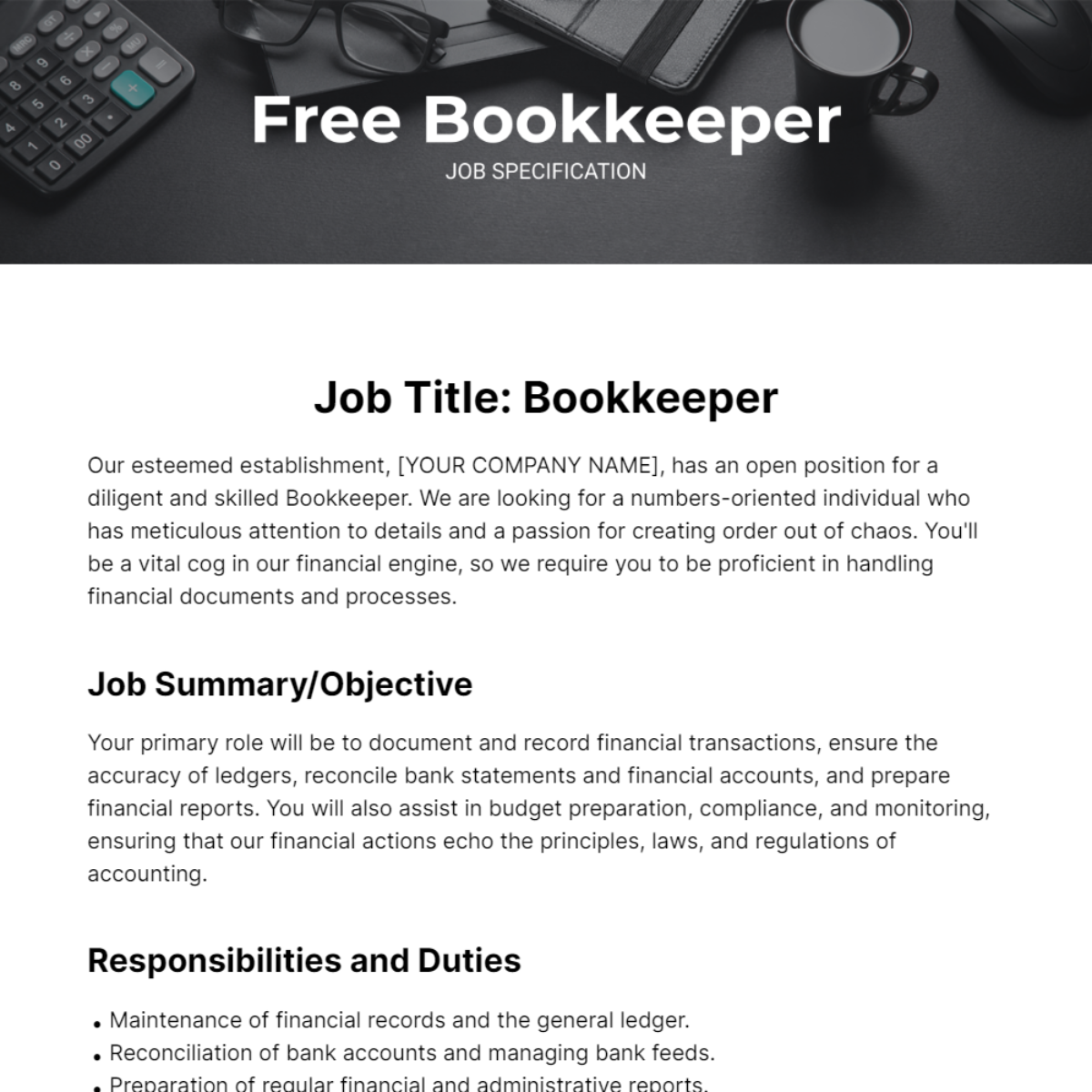 Bookkeeper Job Specification Template - Edit Online & Download