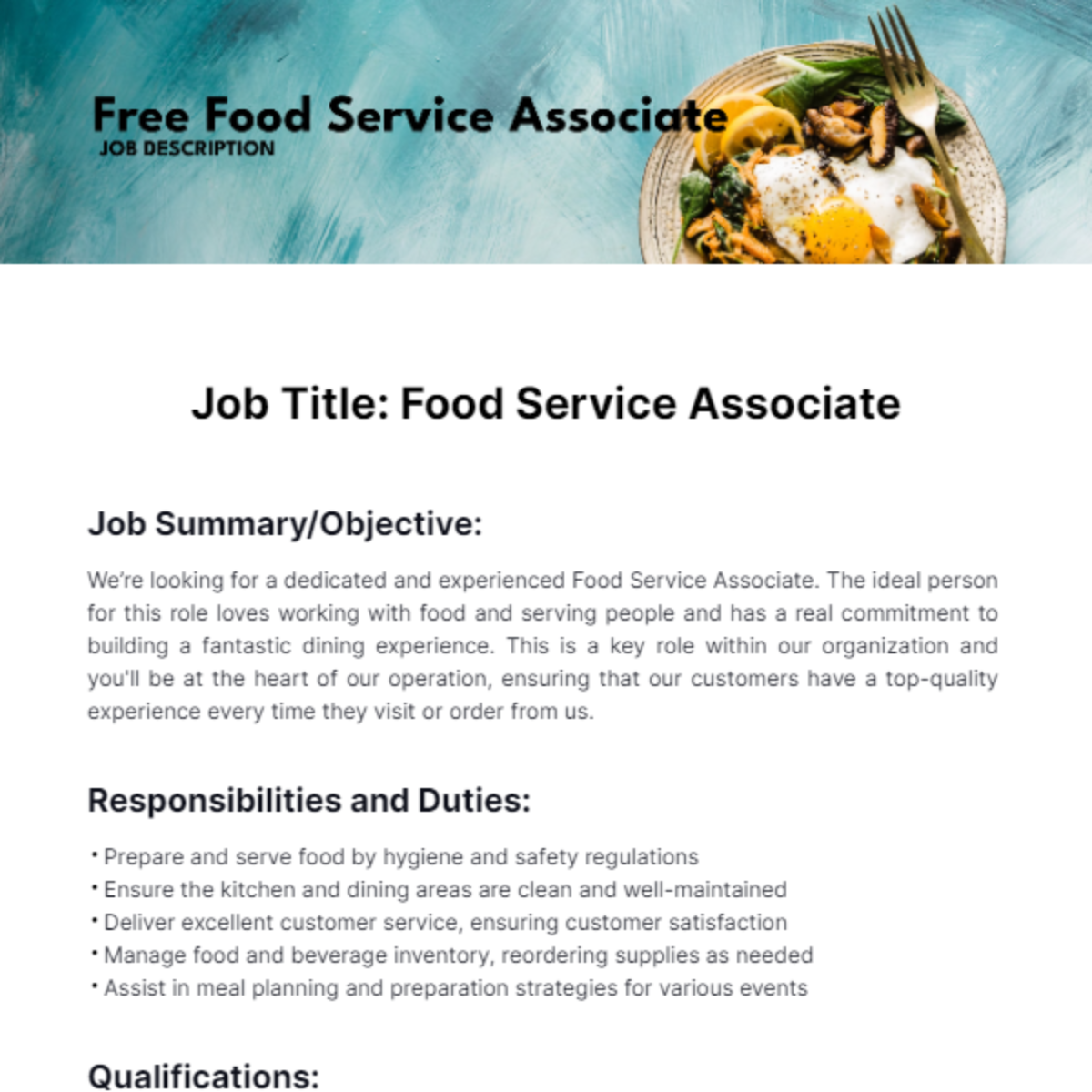 Food Service Job Description Template - Edit Online & Download Example