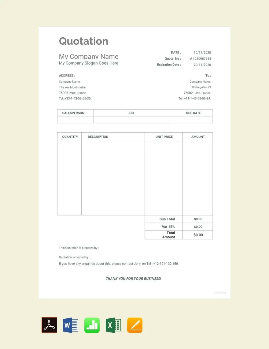 Sample Work Quotation Template