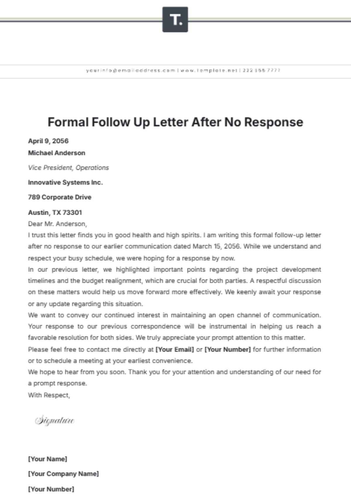 Formal Follow Up Letter After No Response Template - Edit Online & Download