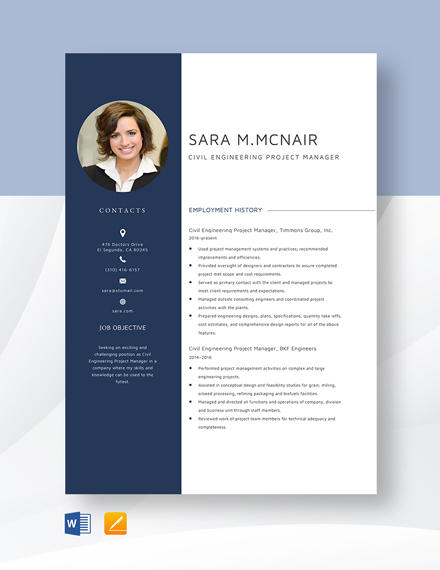 Civil Engineering Project Manager Resume Template - Word, Apple Pages