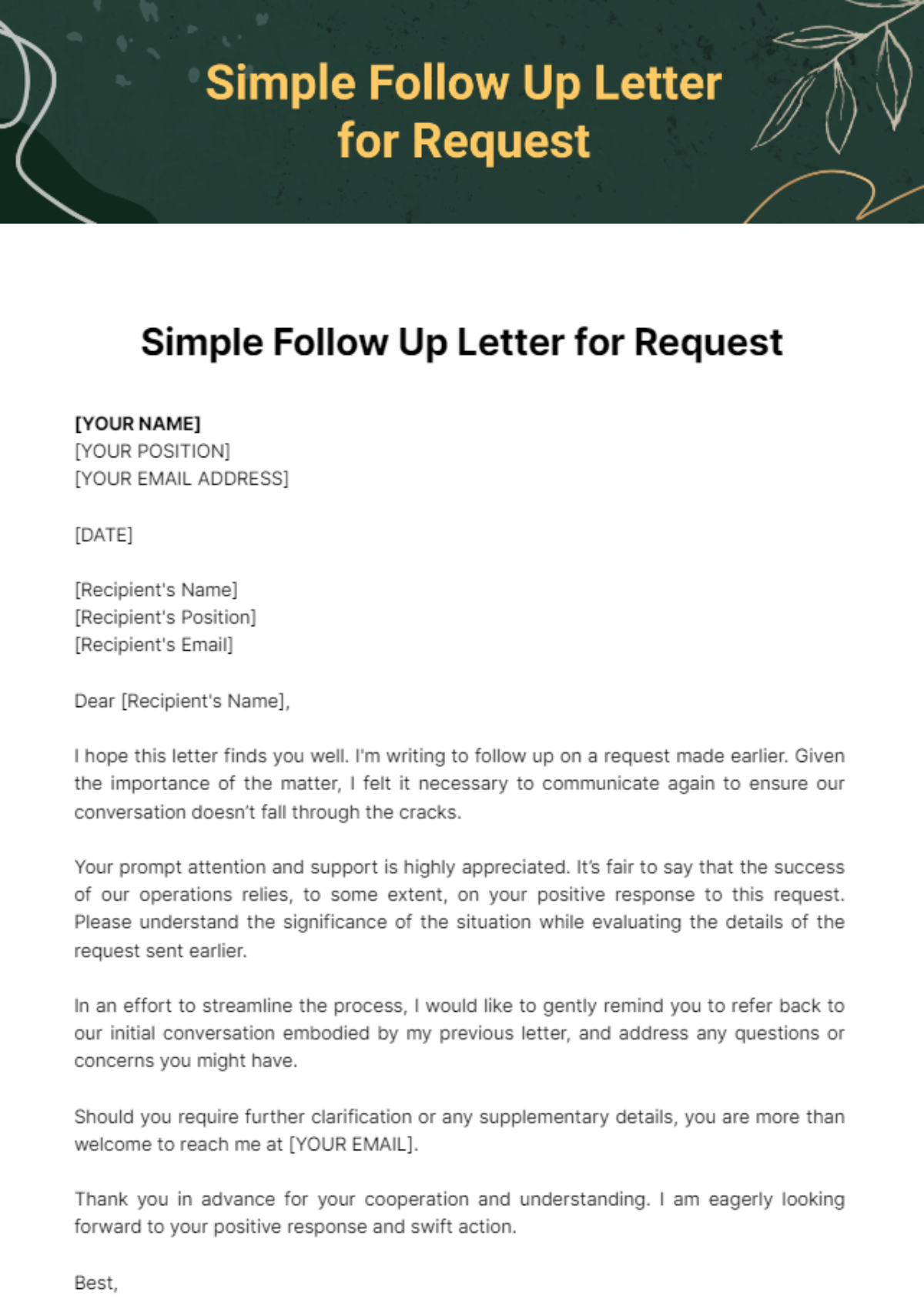 Free Simple Follow Up Letter for Request Template
