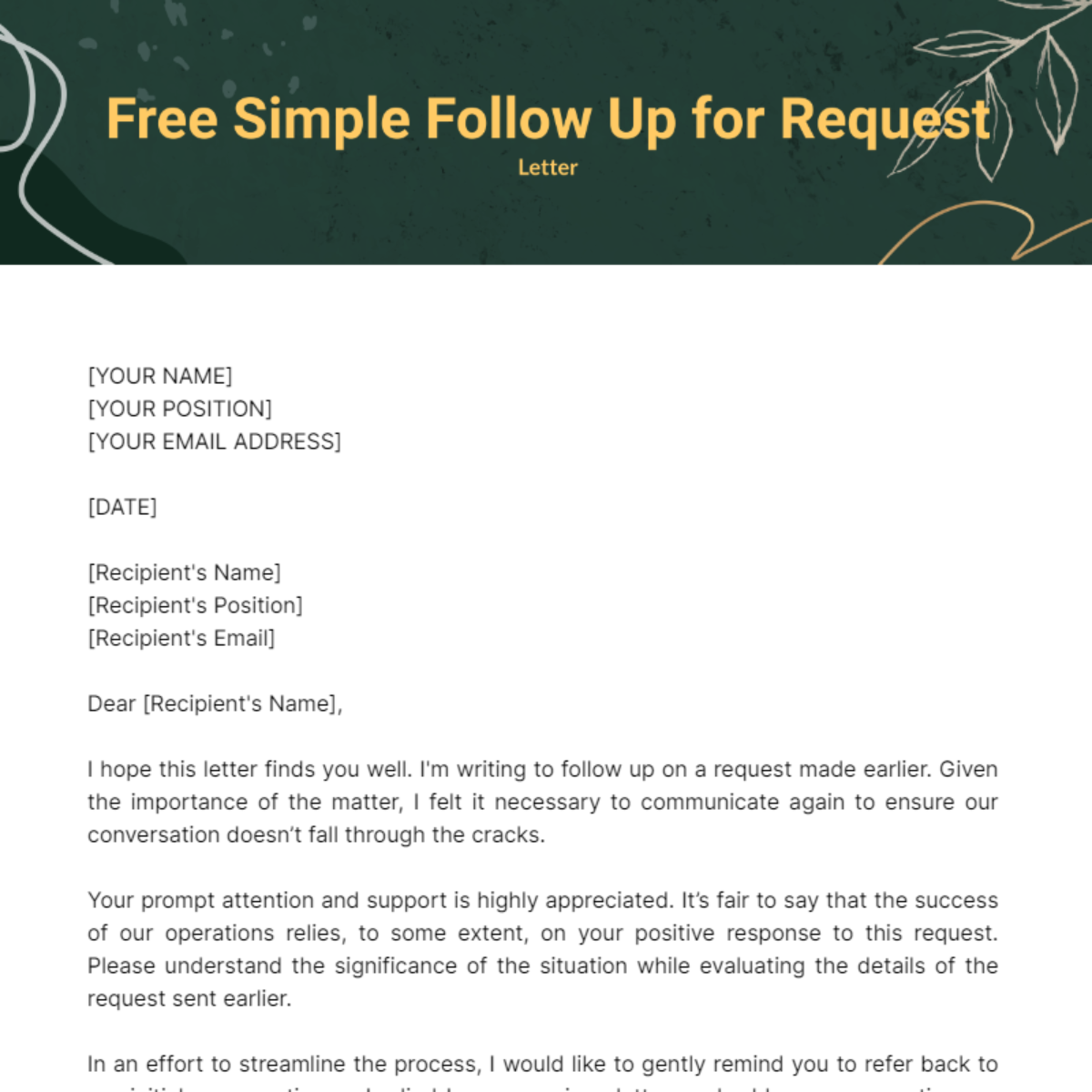 Simple Follow Up Letter for Request Template