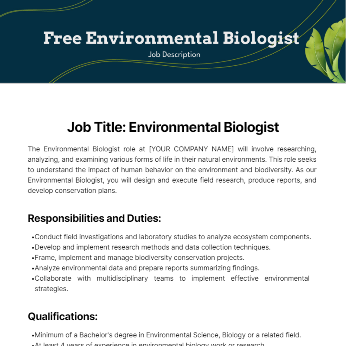 Environmental Biologist Job Description Template - Edit Online & Download