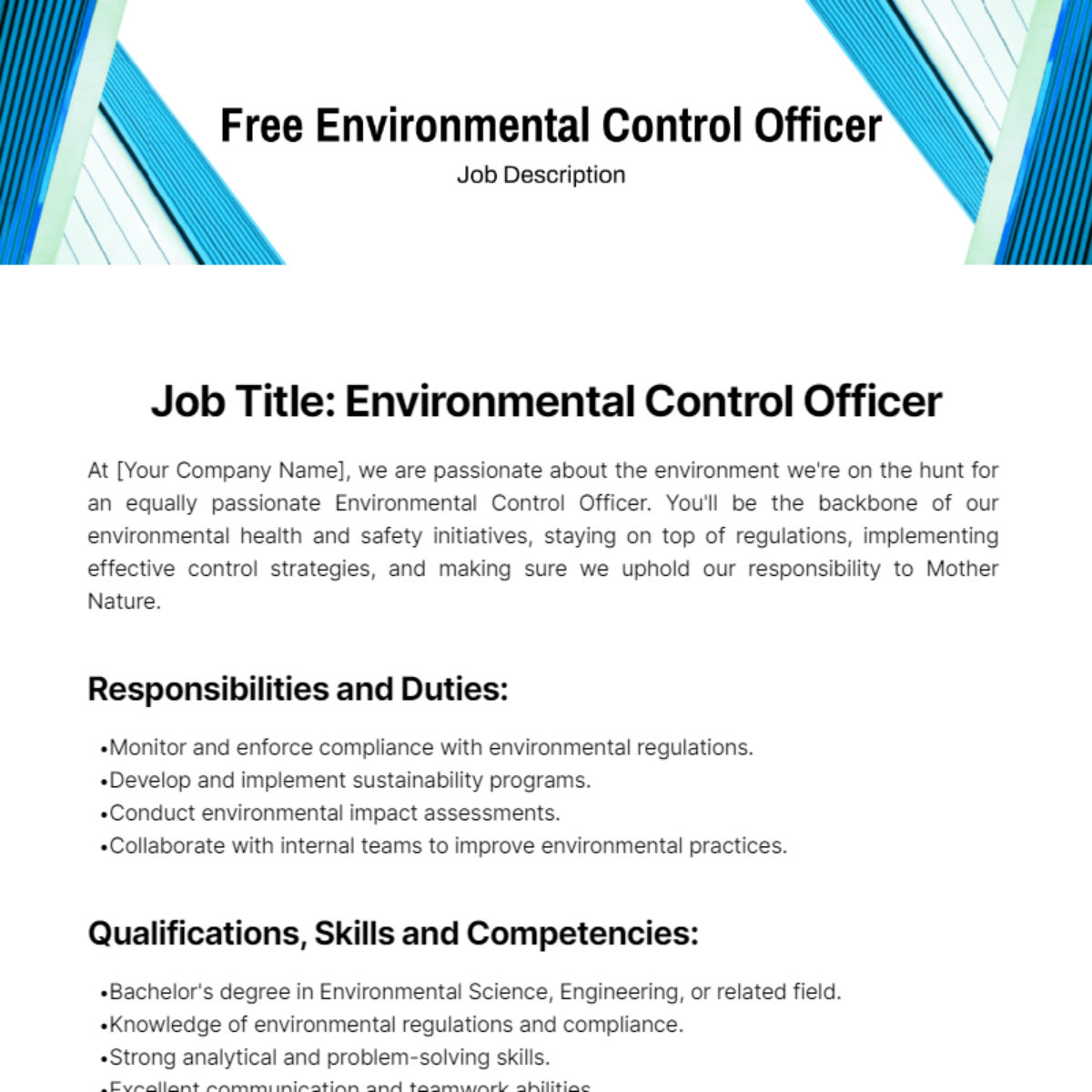 Environmental Control Officer Job Description Template - Edit Online & Download