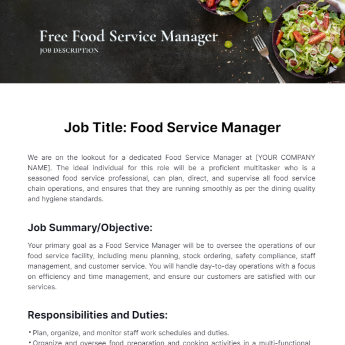 Food Service Manager Job Description Template - Edit Online & Download