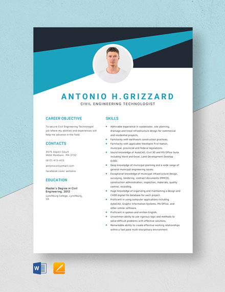 Civil Engineering Technologist Resume Template - Word, Apple Pages