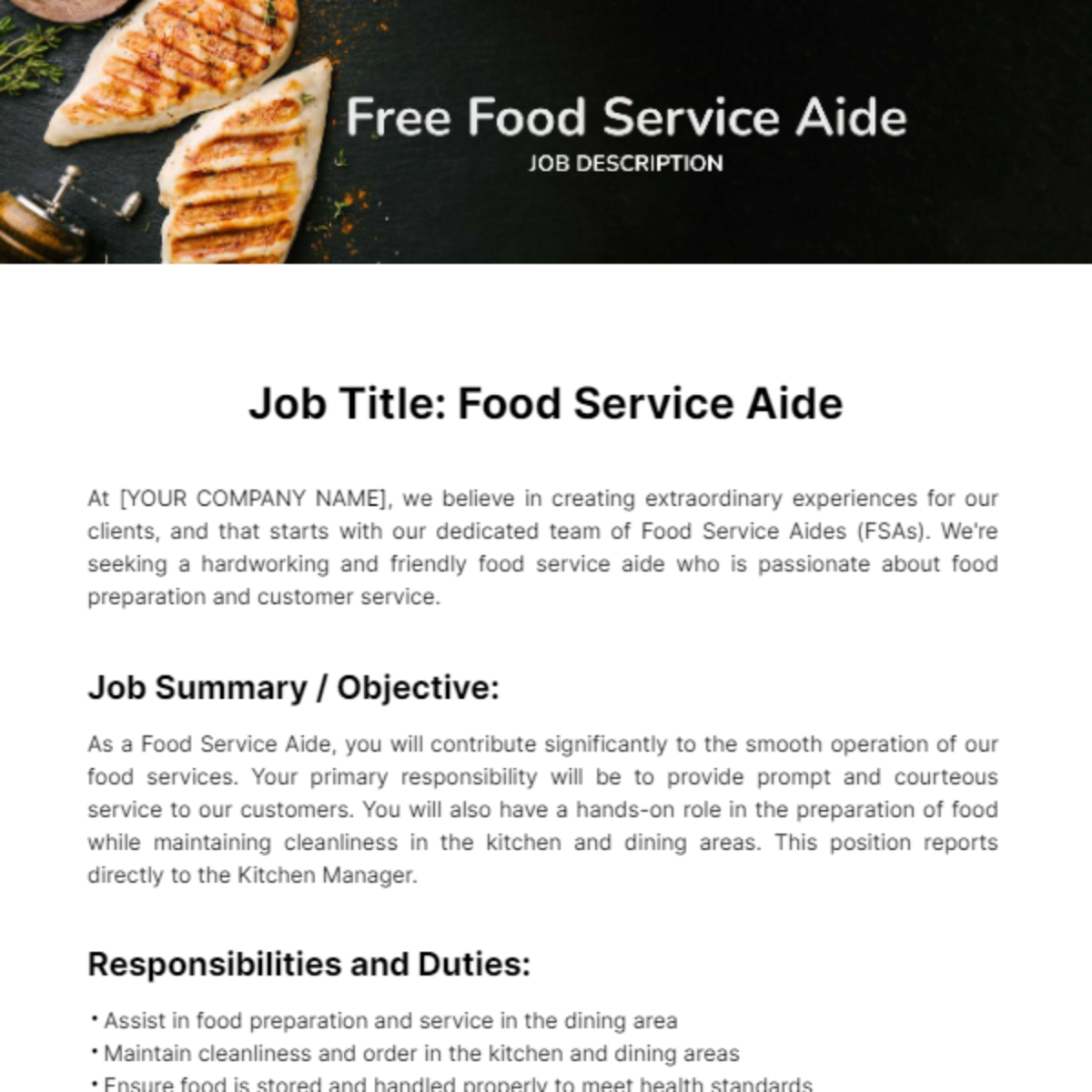 Food Service Aide Job Description Template - Edit Online & Download