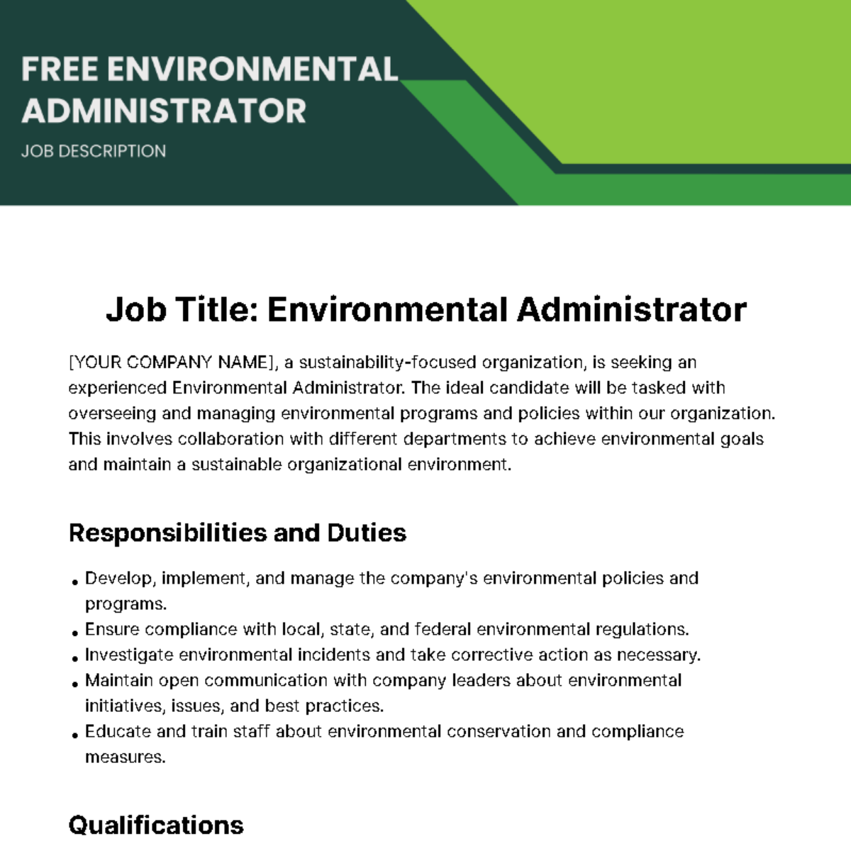 Environmental Administrator Job Description Template - Edit Online & Download