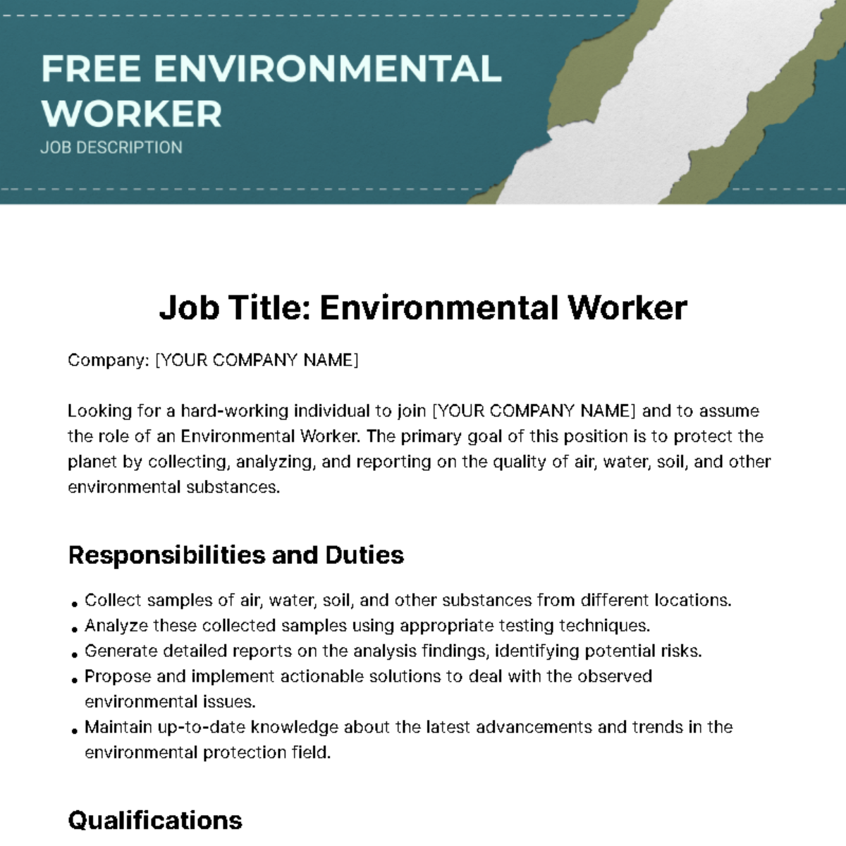 Environmental Worker Job Description Template - Edit Online & Download