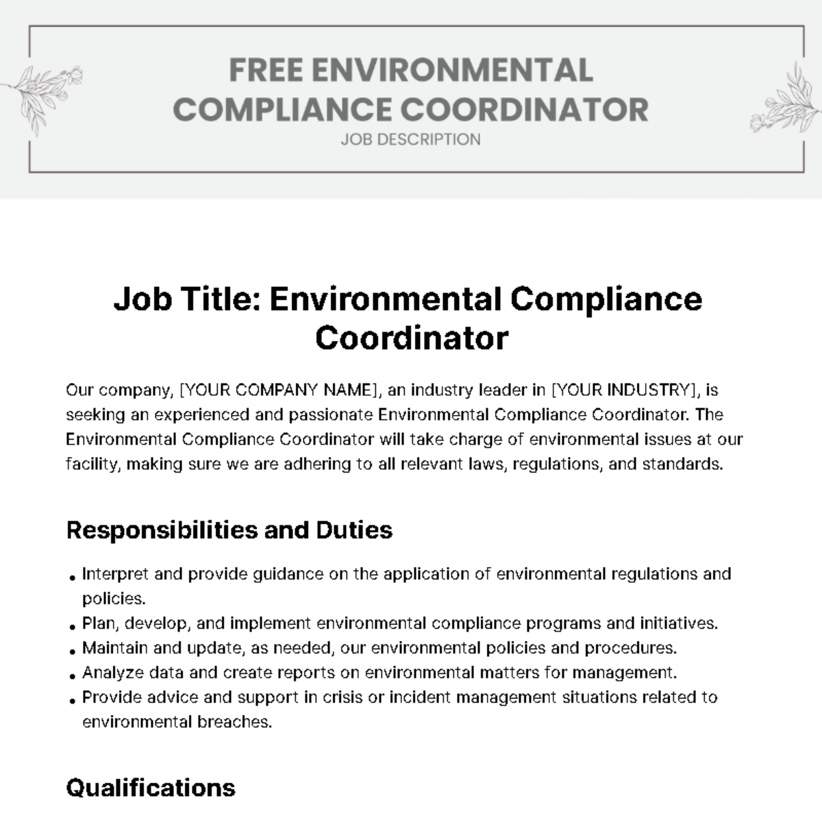 Environmental Compliance Coordinator Job Description Template - Edit Online & Download