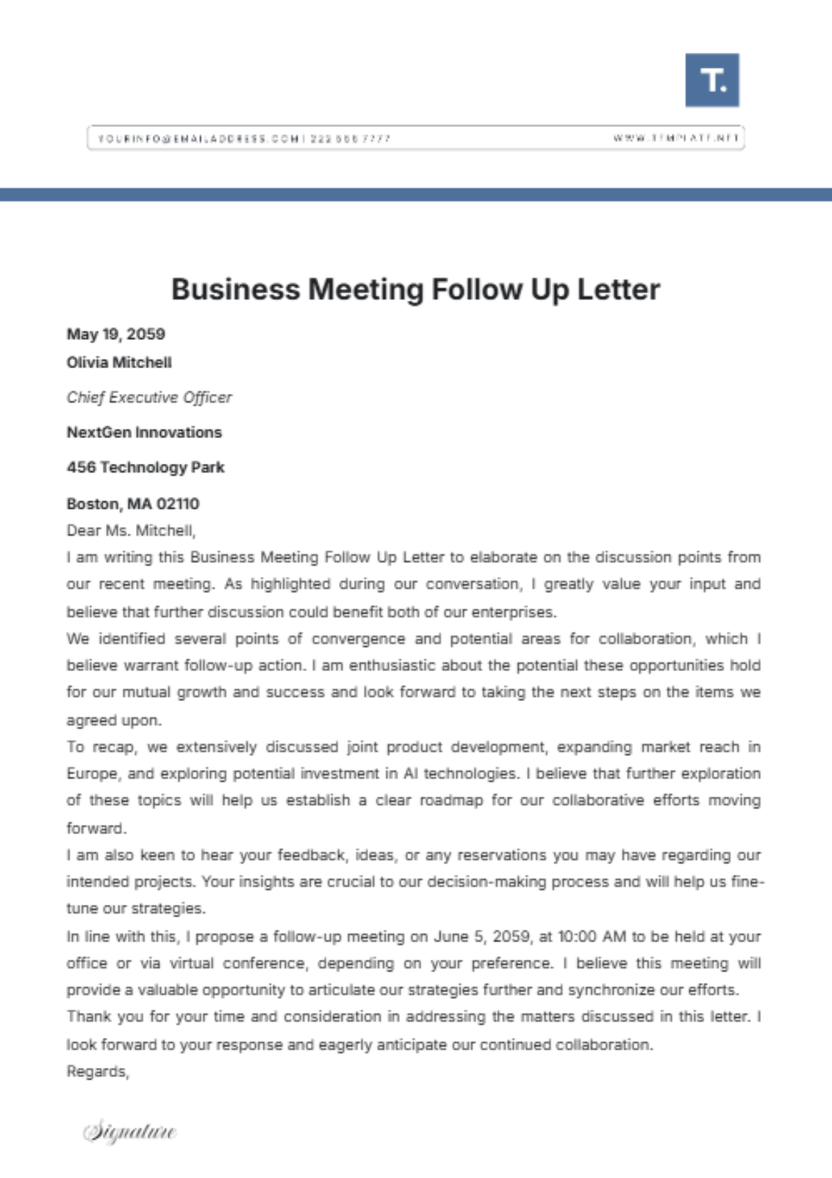 Business Meeting Follow Up Letter Template - Edit Online & Download