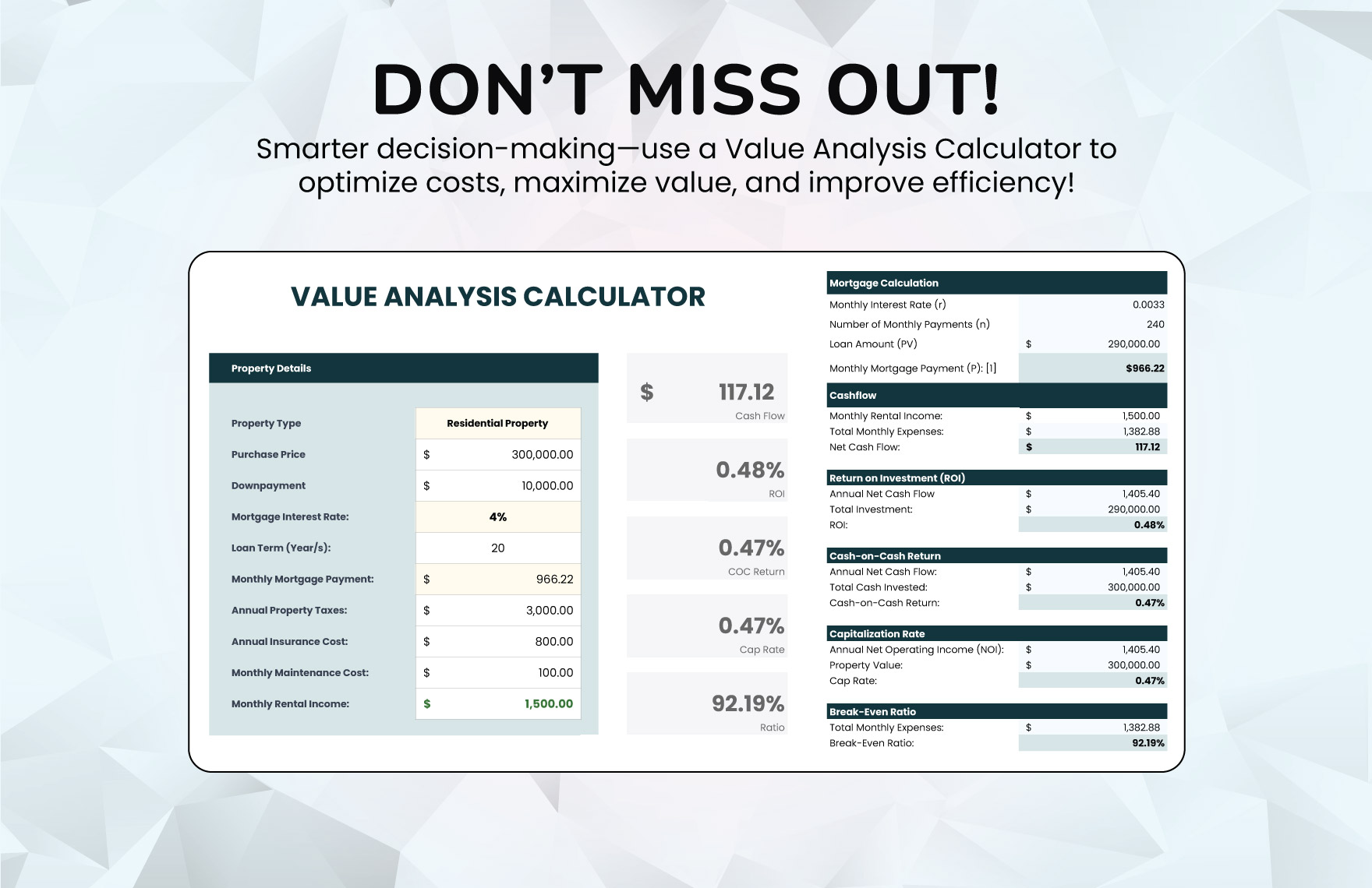 Value Analysis Calculator Template